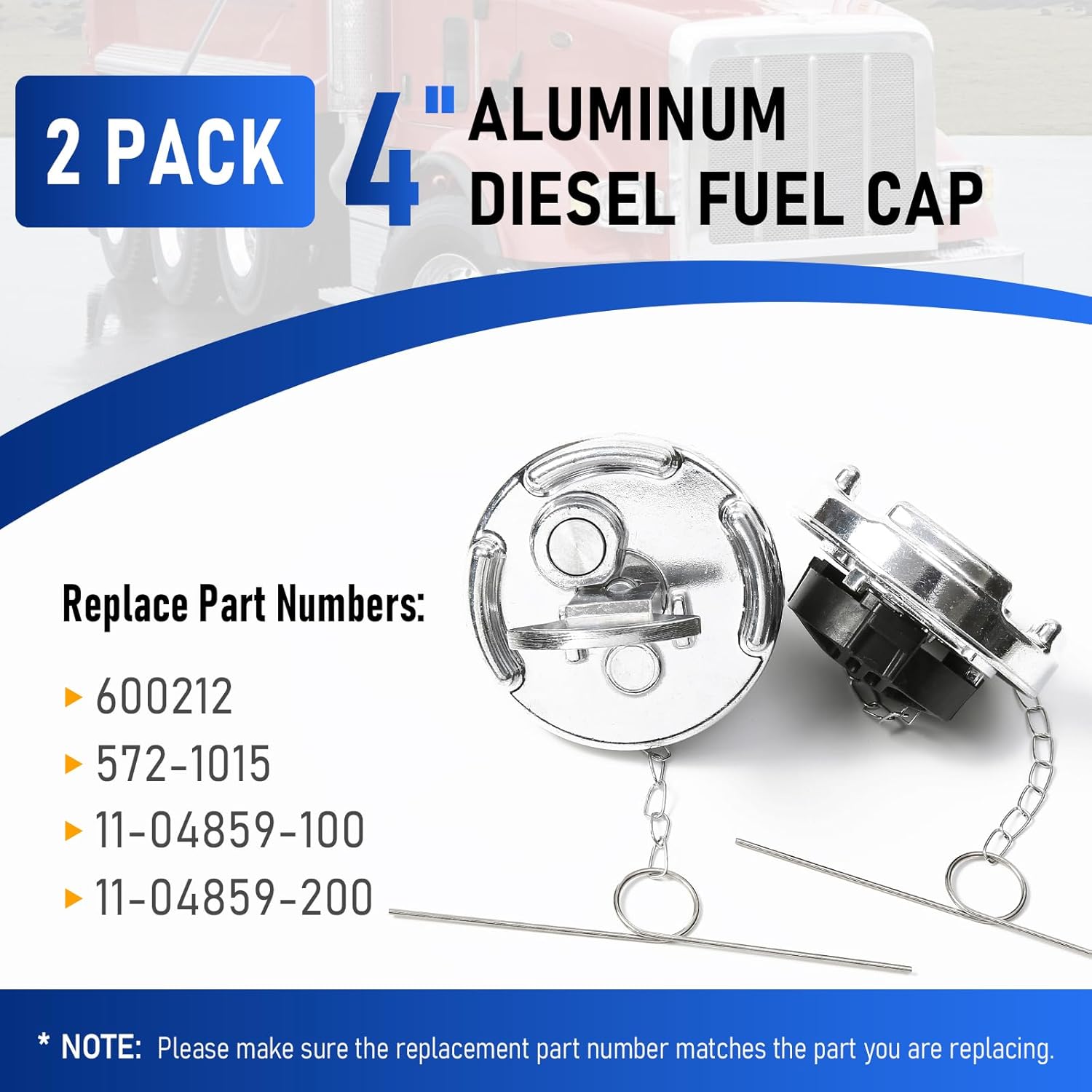 Diesel Fuel Tank Cap, 2 Pack, 4" Lever-Style Aluminum Fuel Caps, Non-Vented, Compatible with Peterbilt 330–587 Semi Trucks 1972–2017, Replaces 11-04859-100, 1104859100, 600211