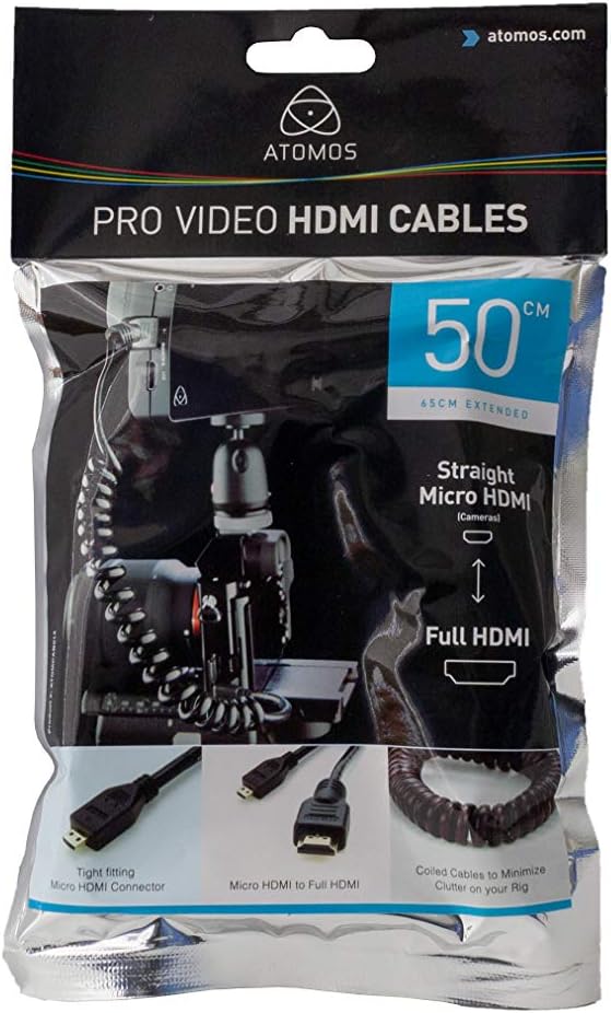 ATOMOS Micro HDMI to Full HDMI Cable, Curled, 19.7 inches (50 cm) (25.6 inches (65 cm) Extension Compatible, ATOMCAB014