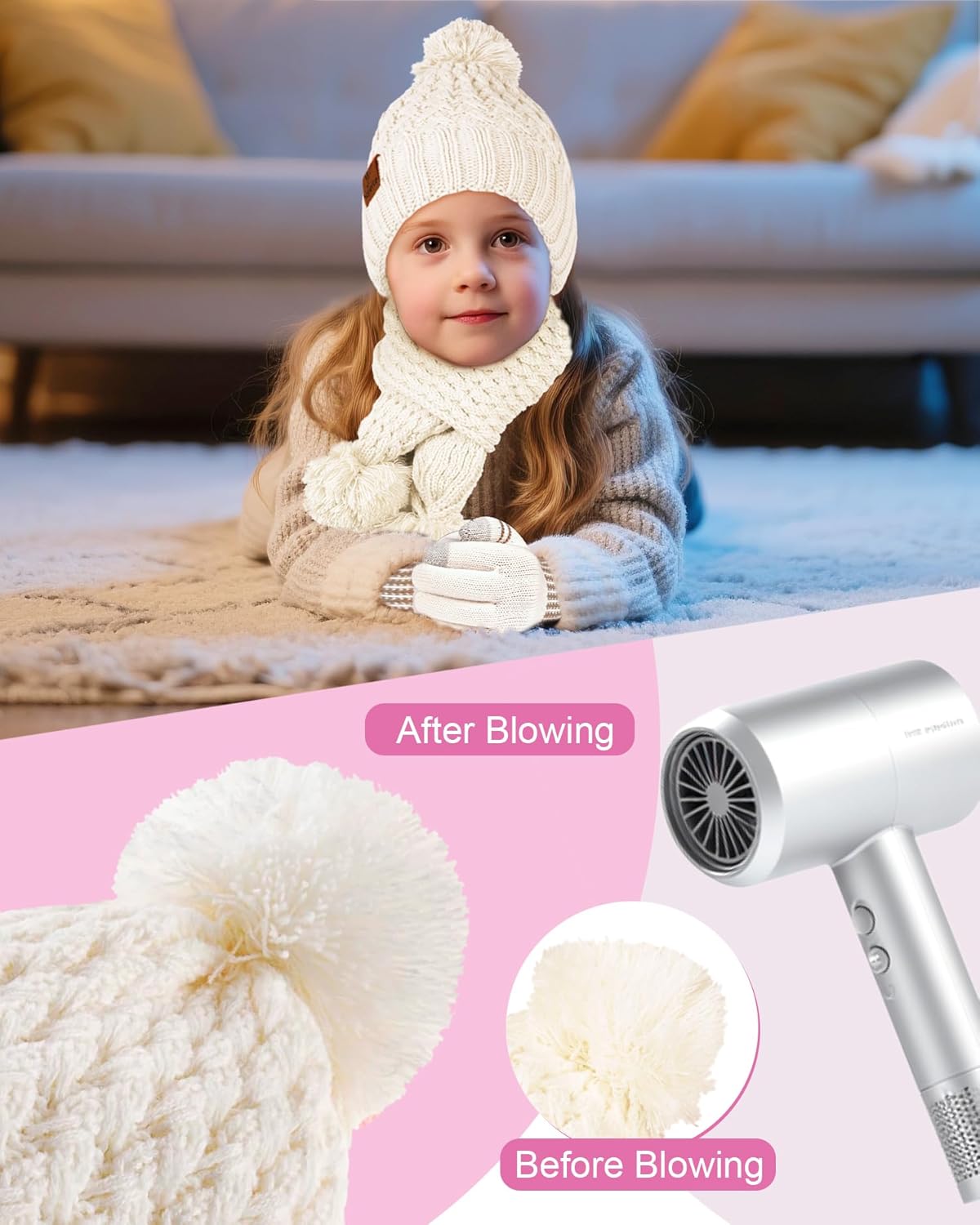 Kids Winter Hat Gloves Scarf Set, Girls Boys Toddler Winter Hat Beanie Pom Knitted Scarves Mittens Fleece Lined Age 5-12 - Image 5