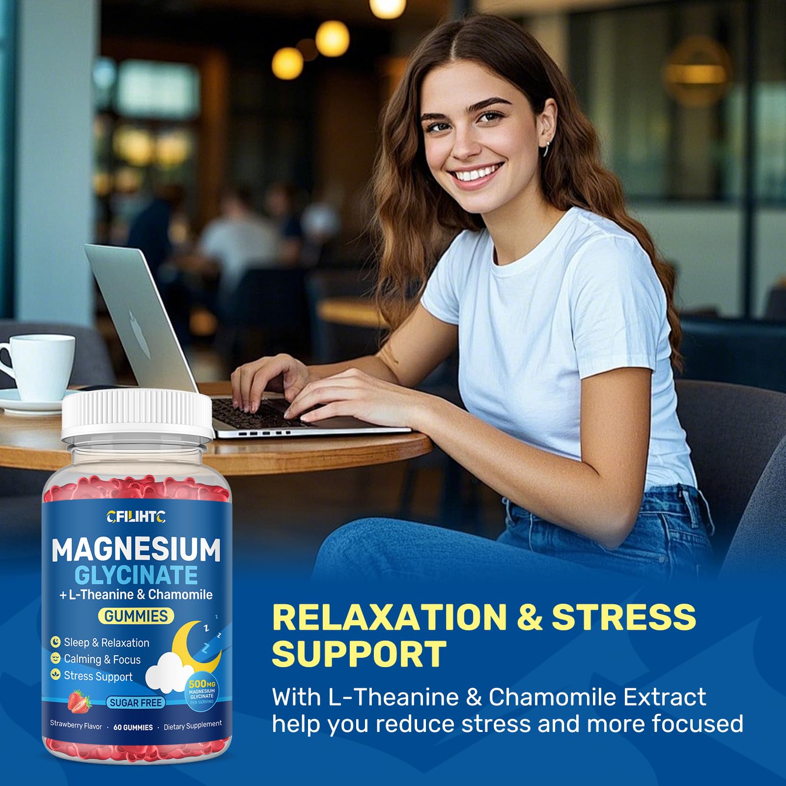Magnesium Glycinate Gummies 500mg with L-Theanine & Chamomile for Calm, Sleep, Stress Relief, Sugar Free, Vegan, Non-GMO - Strawberry Flavor, 60 Count — Amazon image 6