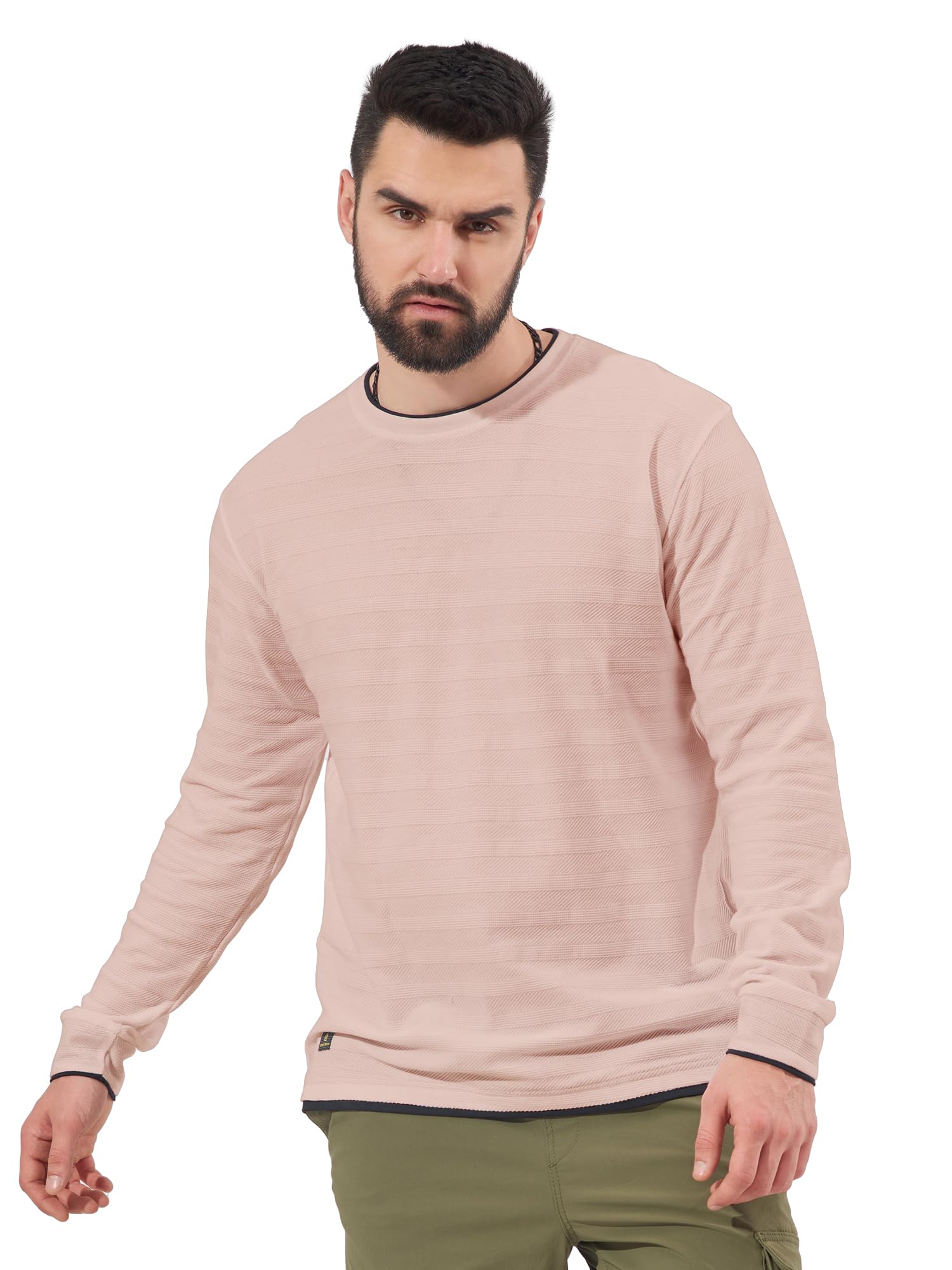 Mens Solid Round Neck Full Sleeve Grey Cotton Slim Fit T-Shirt-image-3