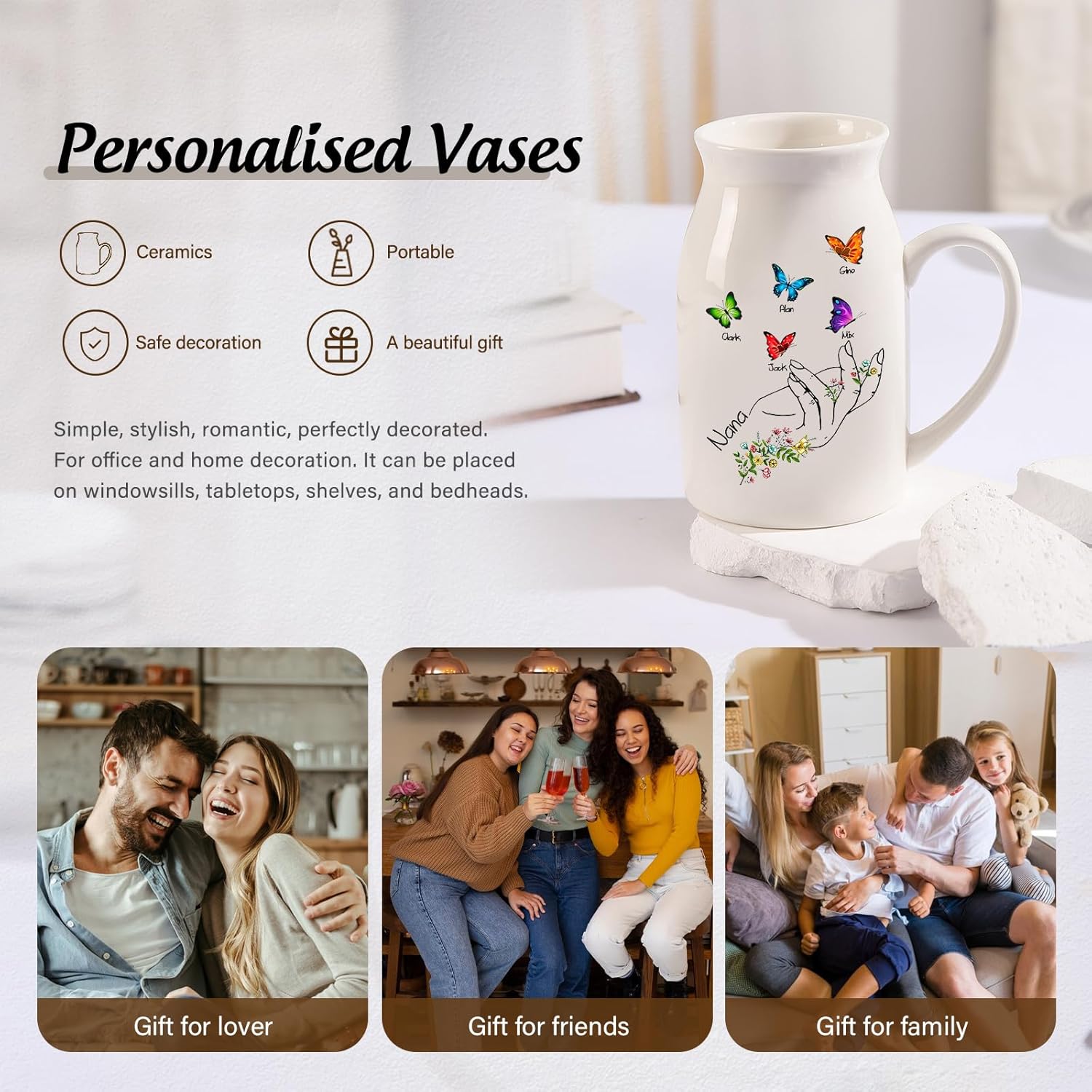 Personalized Gifts for Mom Mothers Day Flower Vase - Custom 2-8 Names & Text Flower Butterflies Vase Decoration Gifts for Grandma Wife
