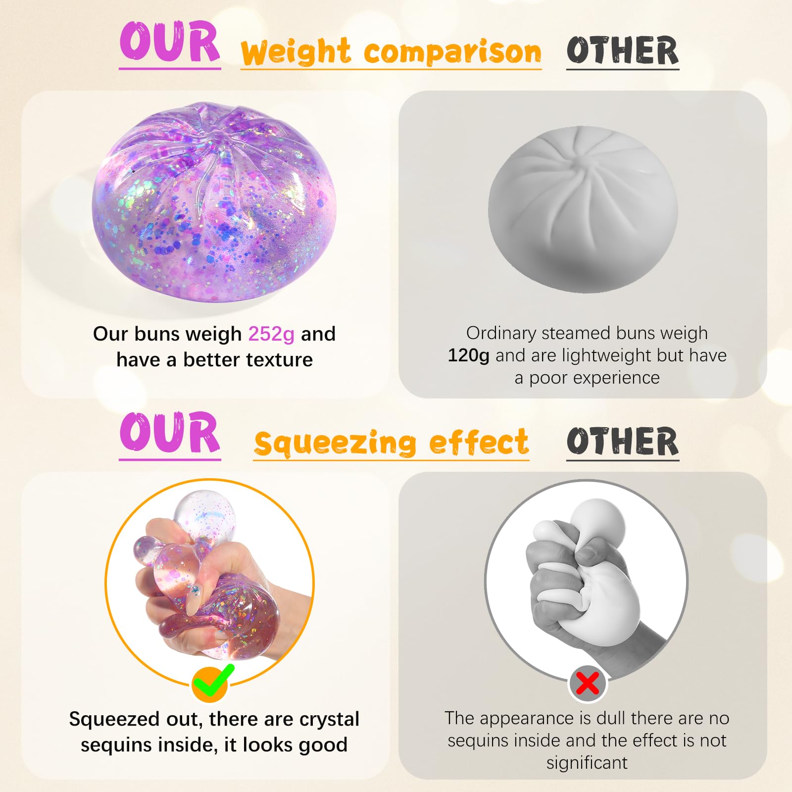 Sugar Glitter Dumpling Squishy,Viral Bao Bun Squishy Dumling Mystery Box,Stress Relief Fidget Squeeze Toy for Holiday & Birthday Gifts (Golden) — view 4