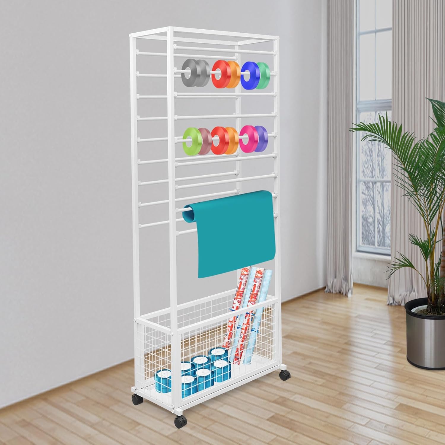20 Tier Double-Sided Ribbon Holder Organizer with Storage Basket & Wheels, Flower Wrapping Paper Storage Stand, Ribbon Storage Display Rack for Craft Rooms, 26.4''L ×12.6''W× 66.9''H, White