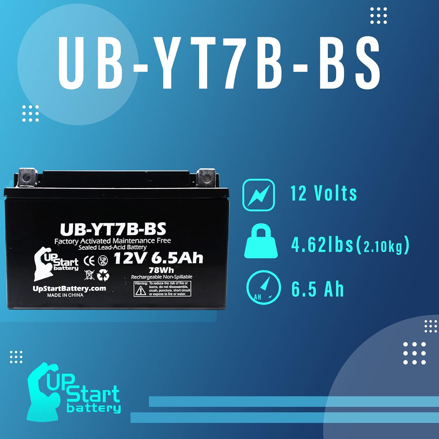 Replacement for 2004 Yamaha TTR250 250CC Factory Activated, Maintenance Free, Motorcycle Battery - 12V, 6Ah, UB-YT7B-BS