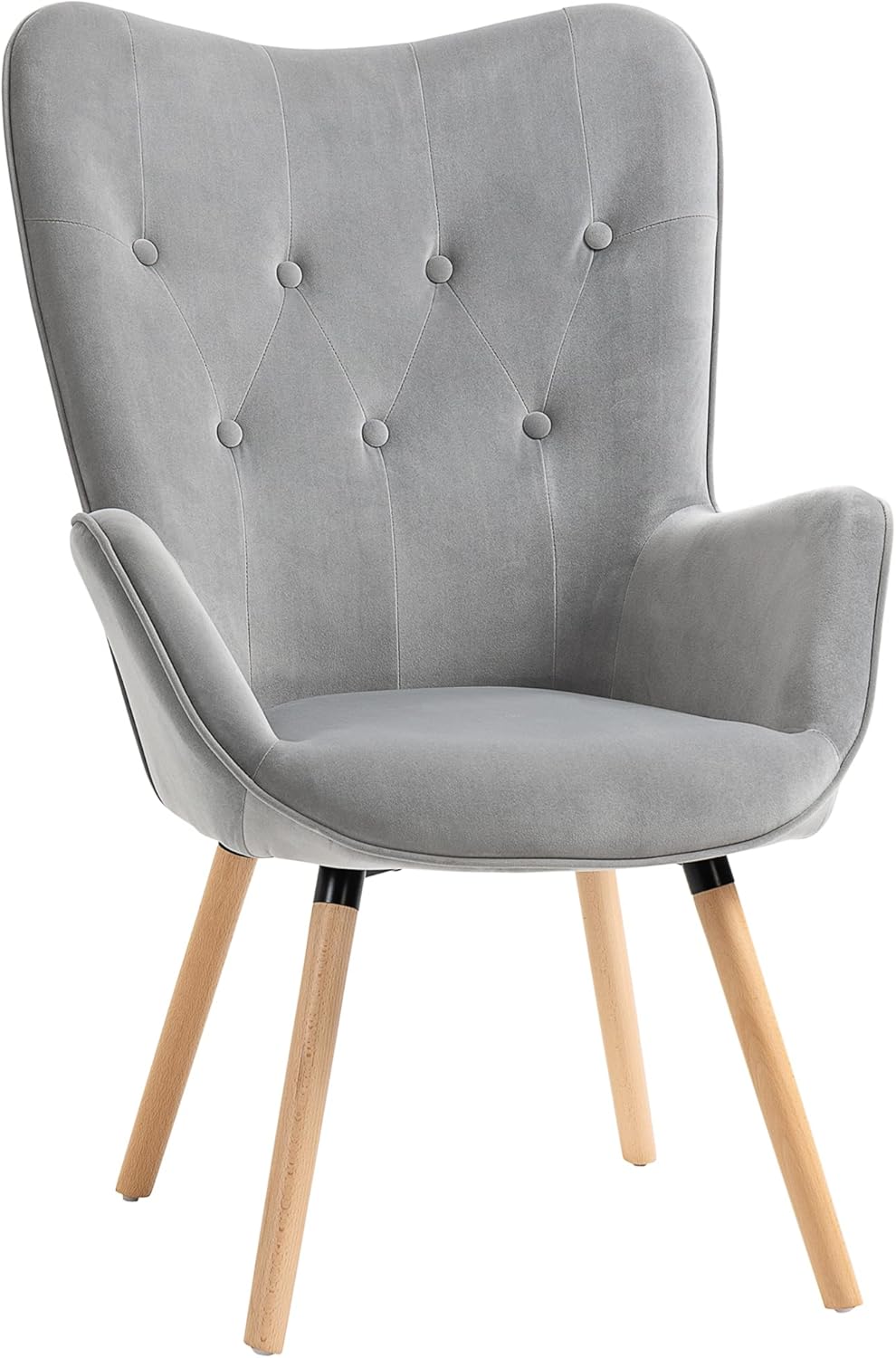 HOMCOM Sillón Individual Tapizado en Terciopelo Sillón de Orejas con Respaldo Alto Reposabrazos y Patas de Madera de Haya para Comedor Cocina 68x75,5x104,5 cm Gris