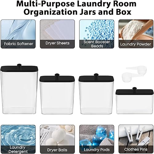 Miniatura 5 de Paquete de 4 recipientes transparentes para lavandería y soporte para hojas de secadora, tarros cuadrados de plástico para organización y