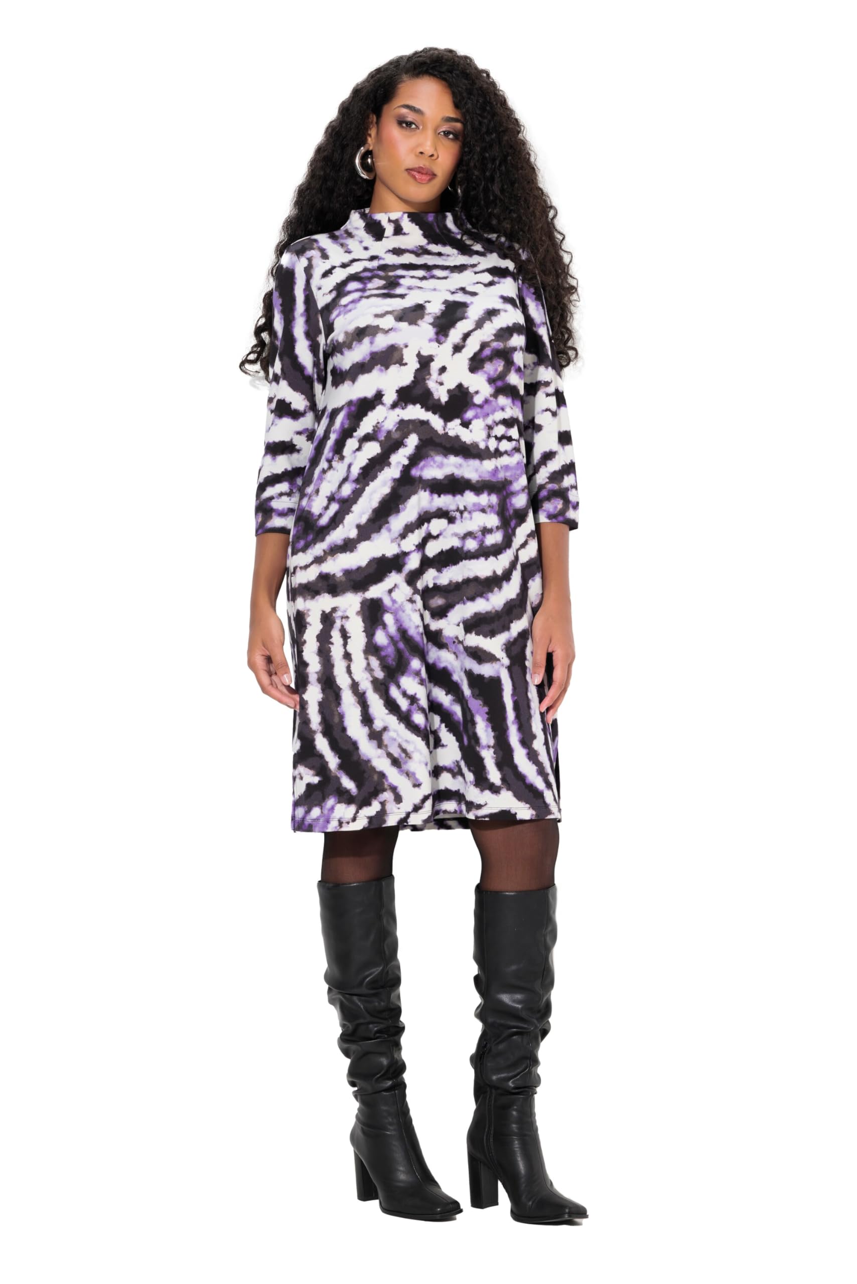 Ulla Popken Damen große Größen Übergrößen Plus Size Sweatkleid, Batikdruck, Stehkragen, 3/4-Arm, Taschen 834875