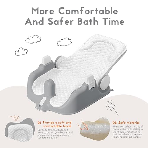Miniatura 10 de BabyBond Asiento de baño para bebé con 2 modos, ajuste de 3 velocidades, potentes ventosas, silla de bañera infantil con toalla suave y cómoda,