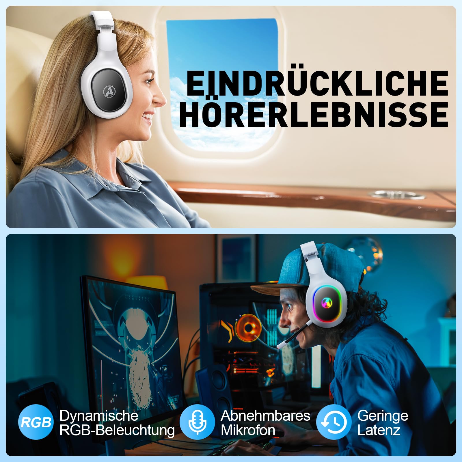 PH1 Wireless Gaming Headset 50H Akku & Spielen beim Laden, 2.4GHz+BT(≤20ms), Surround Sound Headphone Mit Mikrofon für Streaming/FIFA/CS:GO, Kompatibel für PS5/PS4/Switch, Cream White