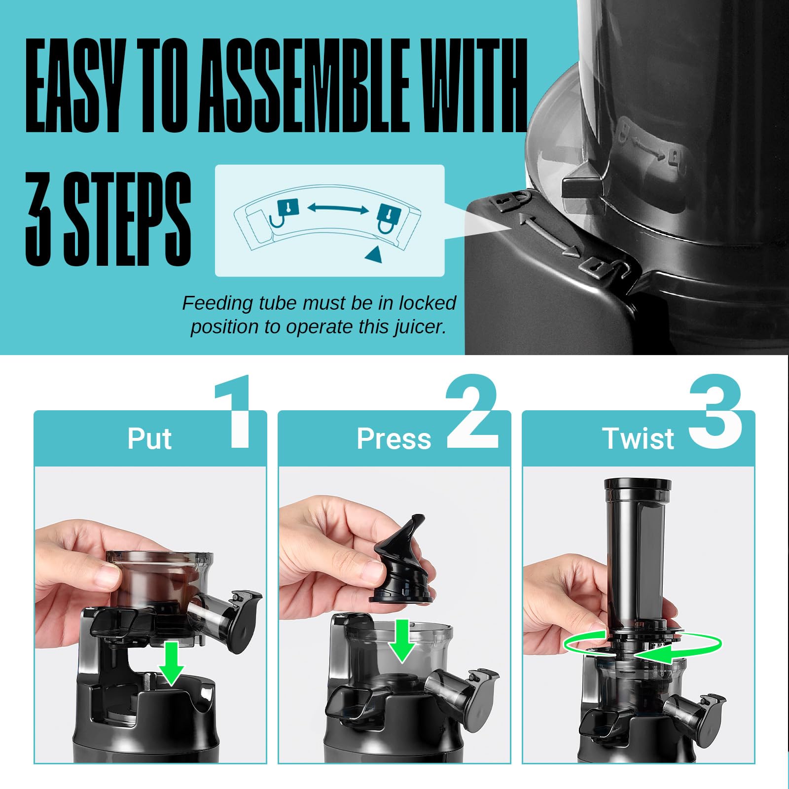 Ventray Ginnie Extracteur de Jus - Slow Juicer Pression Douce 60 Tours, Presse à froid, Sans BPA, Noir