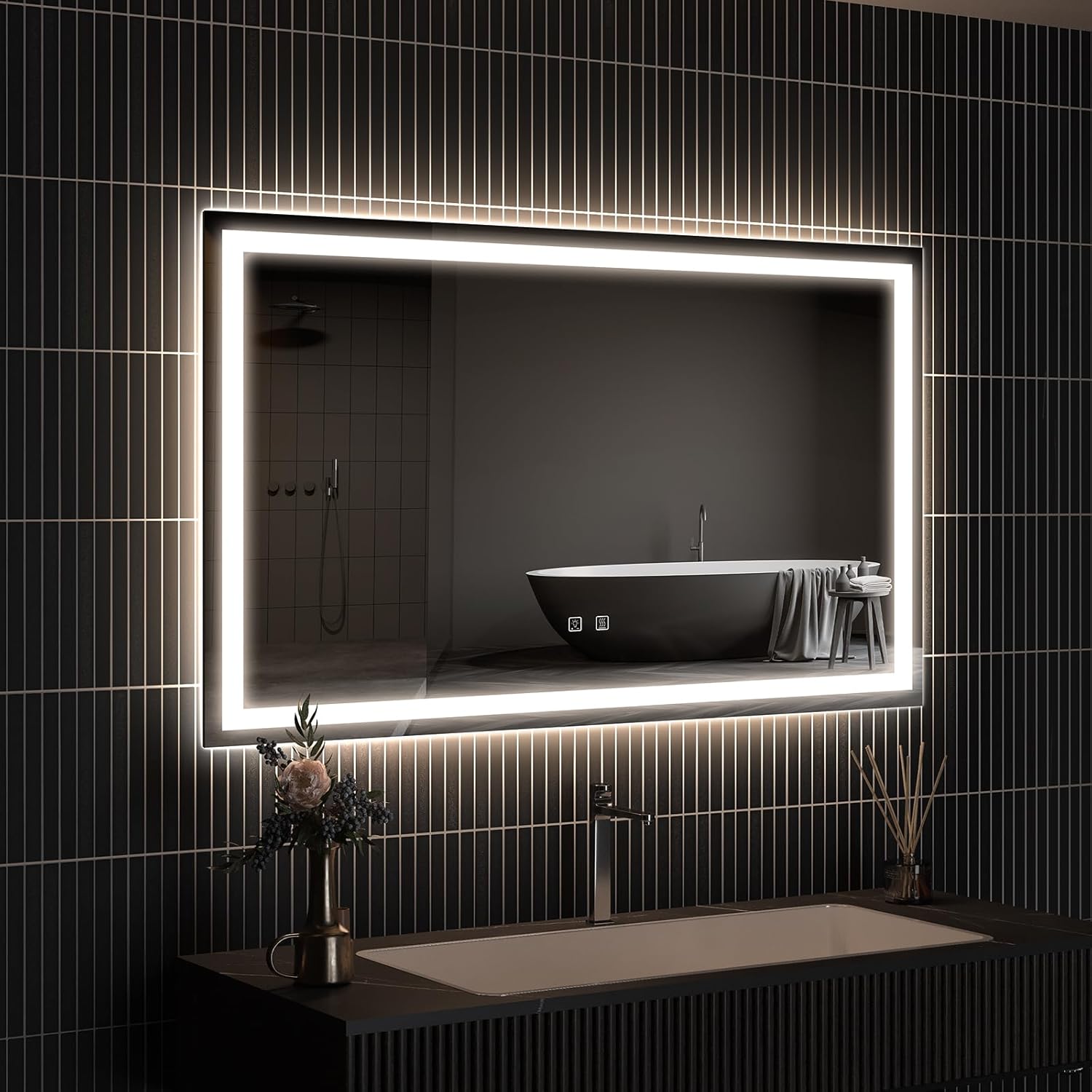 APRILSOUL 42x30 Inch LED Bathroom Mirror with Front and Backlit, Makeup Mirror with 3 Color Lights, Memory Function, Anti-Fog and Dimmable Light (Horizontal/Vertical)