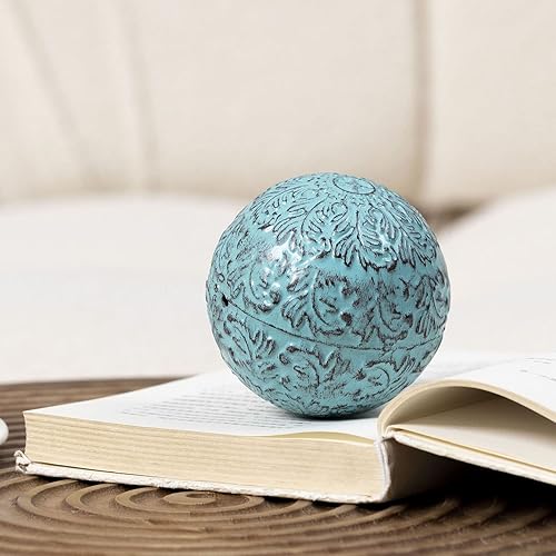 Miniatura 4 de Decoración para mesa de hierro, esferas decorativas de orbes decorativos, 3.35 pulgadas, flor azul turquesa, bola de damasco hueca de metal para