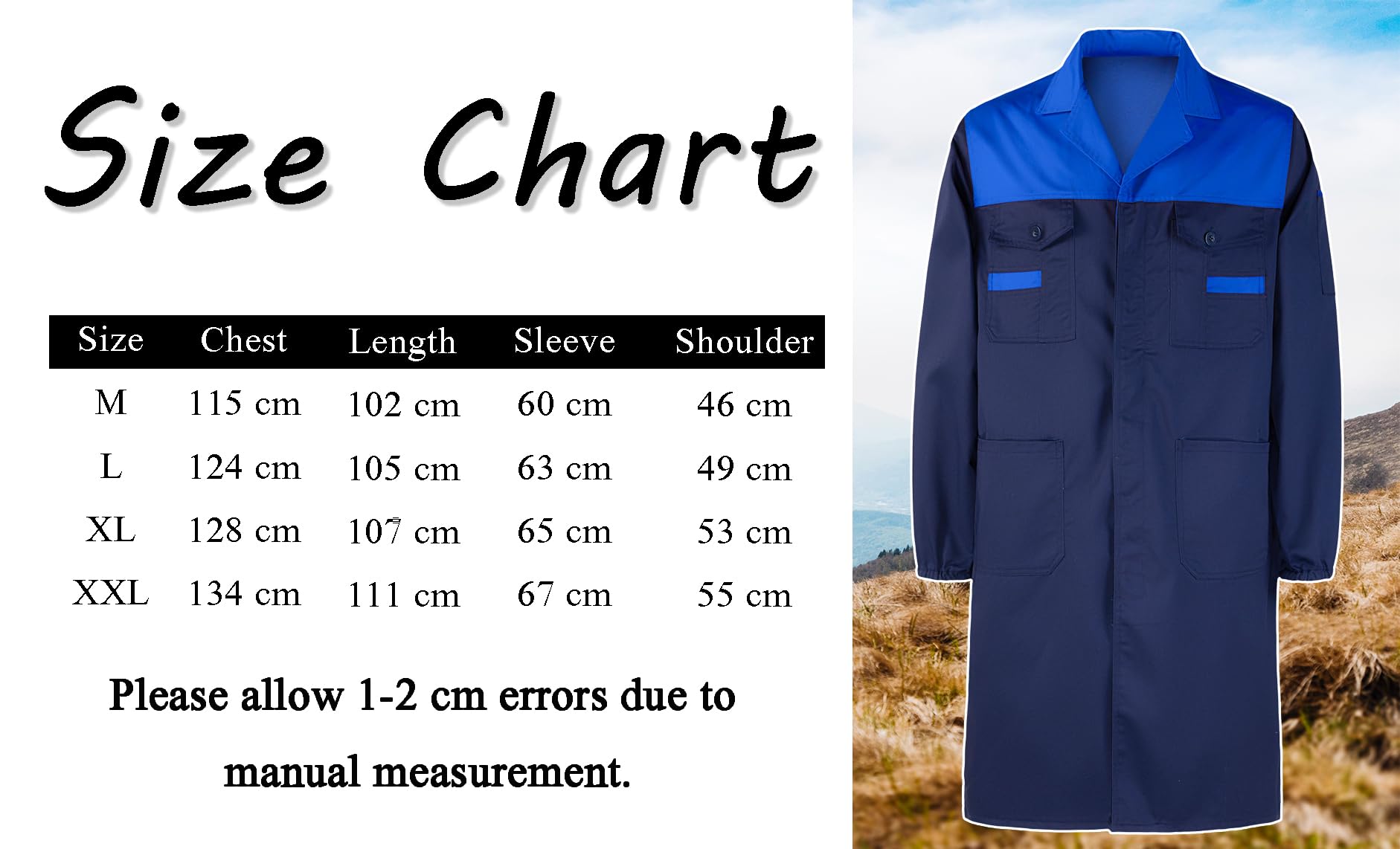 Homme Blouse de Travail Mecanique Veste de Travail de Jardinage Vêtements de Travail Blouse d'Atelier Chantier Bleu de Travail