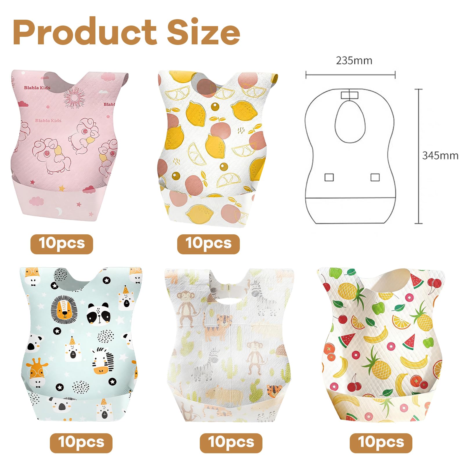 50 Piezas Papel Baberos Bebe, Babero para Niños con Bolsillo Ajustable Baberos Bebe Impermeables no Requiere Limpieza para Familia, Viajes, Habitación Infantil en 5 Patrones