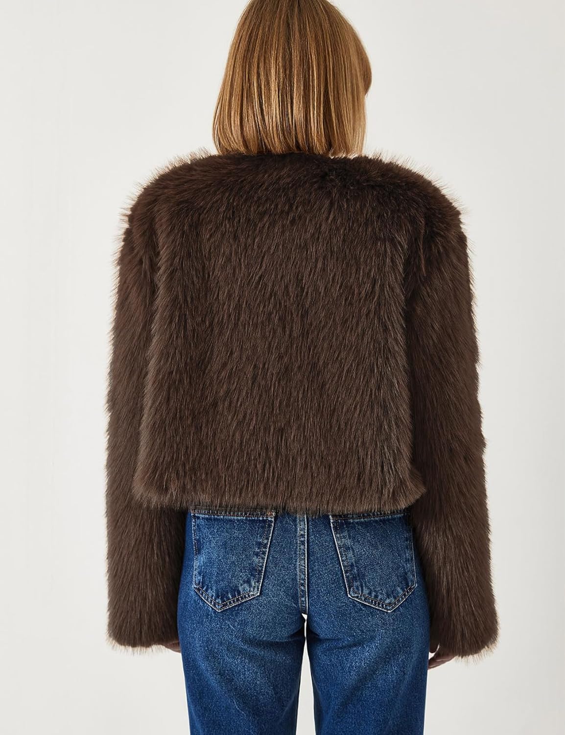 Flygo Women Faux Fur Coat Fluffy Long Sleeve Open Front Cropped Furry Jacket Shaggy 2025 Warm Winter Outwear with Pockets - Image 3