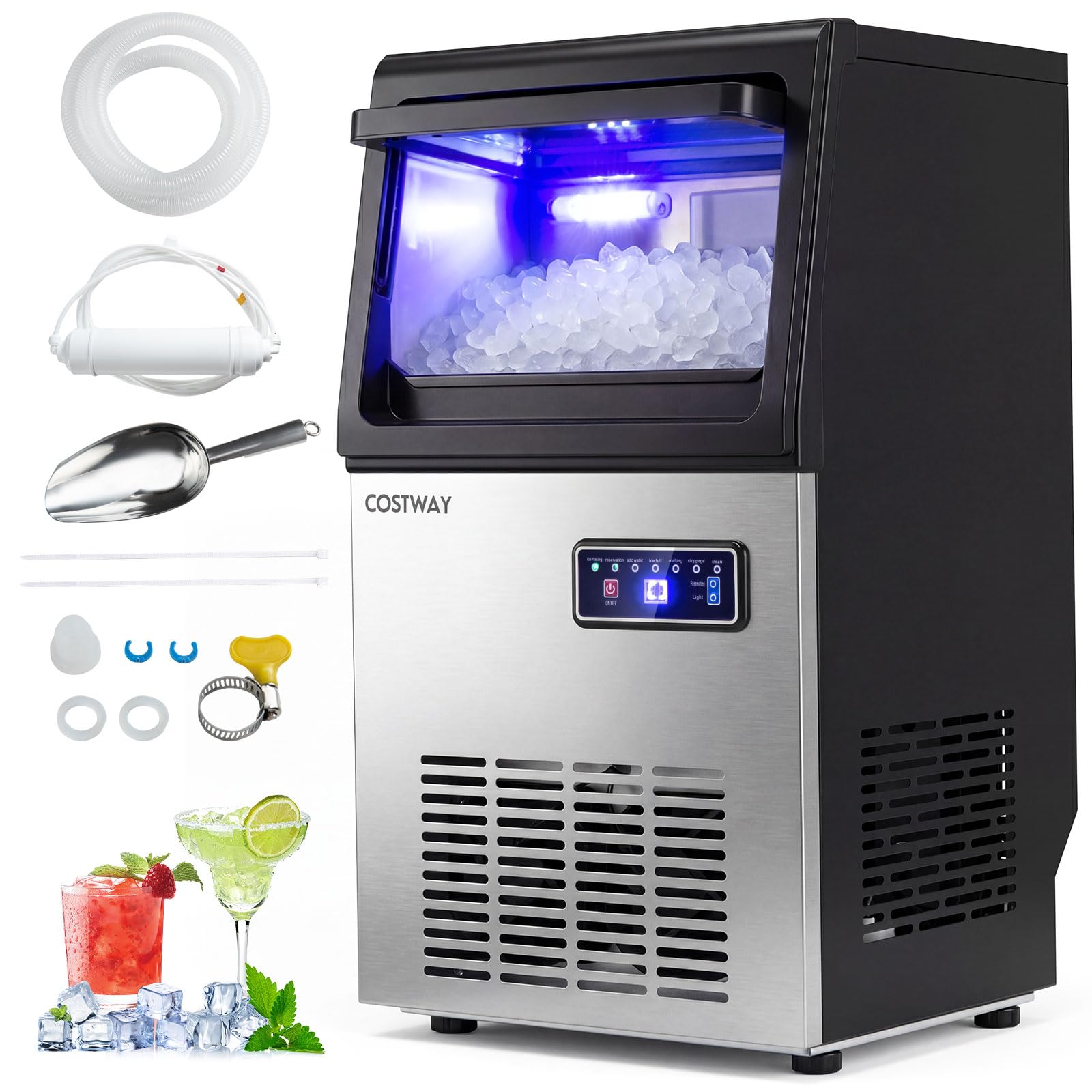 COSTWAY Máquina de Hielo Comercial, 41 kg/Día, Cubitos de Hielo Masticables | Ice Maker, Autolimpieza y Cuchara, Hielera de Acero Inoxidable para Cocina, Bar