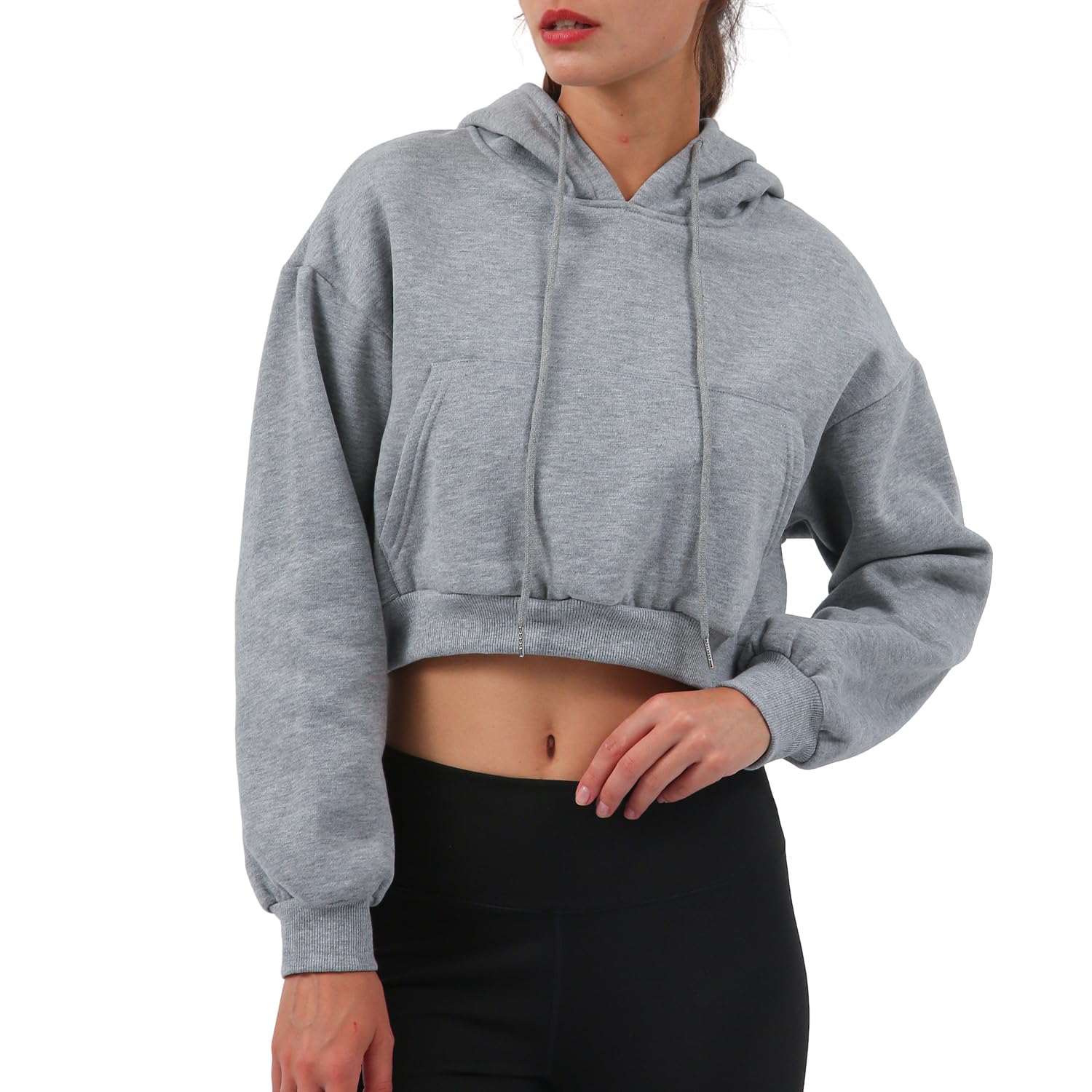 Amazhiyu - Sudadera corta con capucha para mujer, casual, manga larga, cuello redondo, sin botones