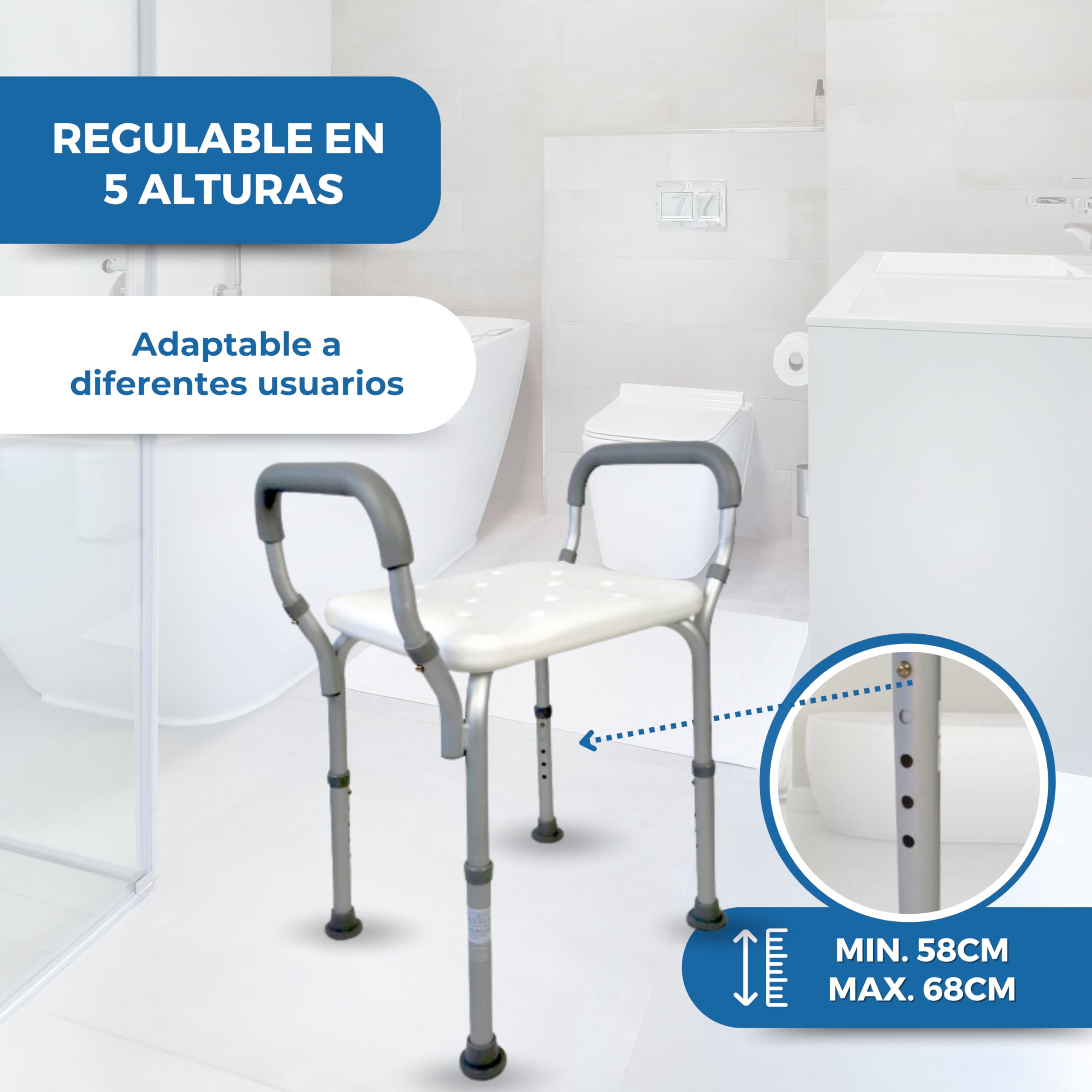 Mobiclinic®, Silla Ducha, Altura Regulable, Acueducto, Taburete Baño, Conteras Antideslizantes, con Reposabrazos, MAX. 100 kg, Aluminio, Blanco