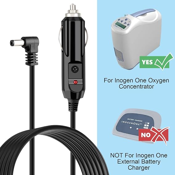 Replace The 12V car Charger Power Cord of The Lnogen One G1 G2 G3 G4 G5 Portable Oxygen Concentrator Series. Equipped with Replaceable Fuses, with a Wire Length of 8.5FT. (One Black)