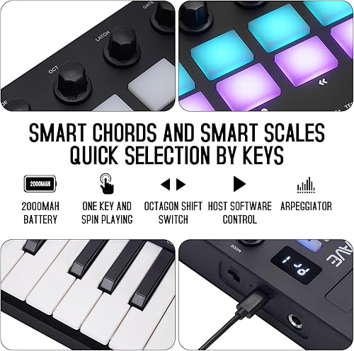Miniatura 67 de M-WAVE Controlador de teclado MIDI USB de 25 teclas con 8 almohadillas retroiluminadas, teclado dinámico profesional semiponderado Bluetooth, 8