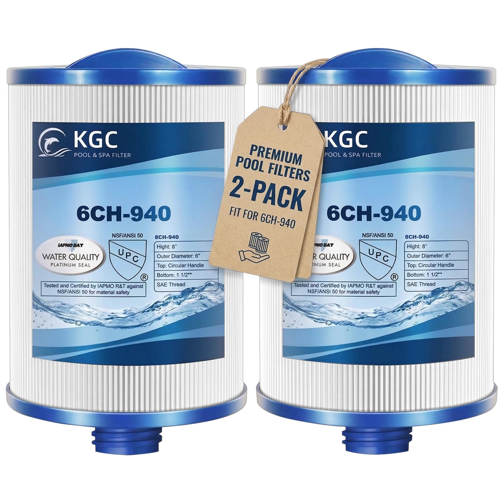 KGC Filtre de Spa 6CH-940 pour Bain à Remous, Filtres de Spa Lavables, Lot de 2, Remplacement pour Pleatco PWW50P3 (Filetage Grossier SAE 1 1/2"), Unicel 6CH-940, Filbur FC-0359, Waterway 817-0050