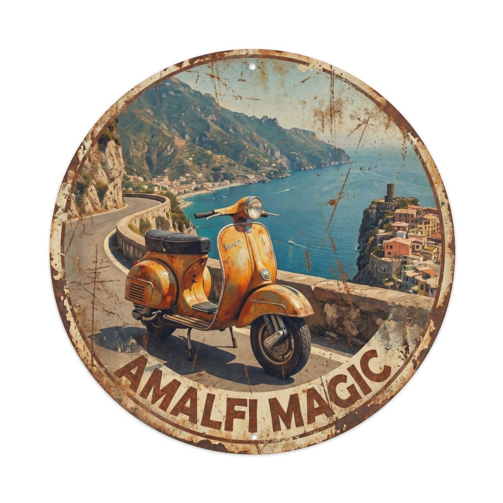 Vintage Travel Amalfi Coast Scooter Journey Seaside Holiday Metal Tin Sign Plaque Wall Decor for Cafe, Man Cave, Club Bar, Office, Home Garden Round Metal Poster 8x8Inch