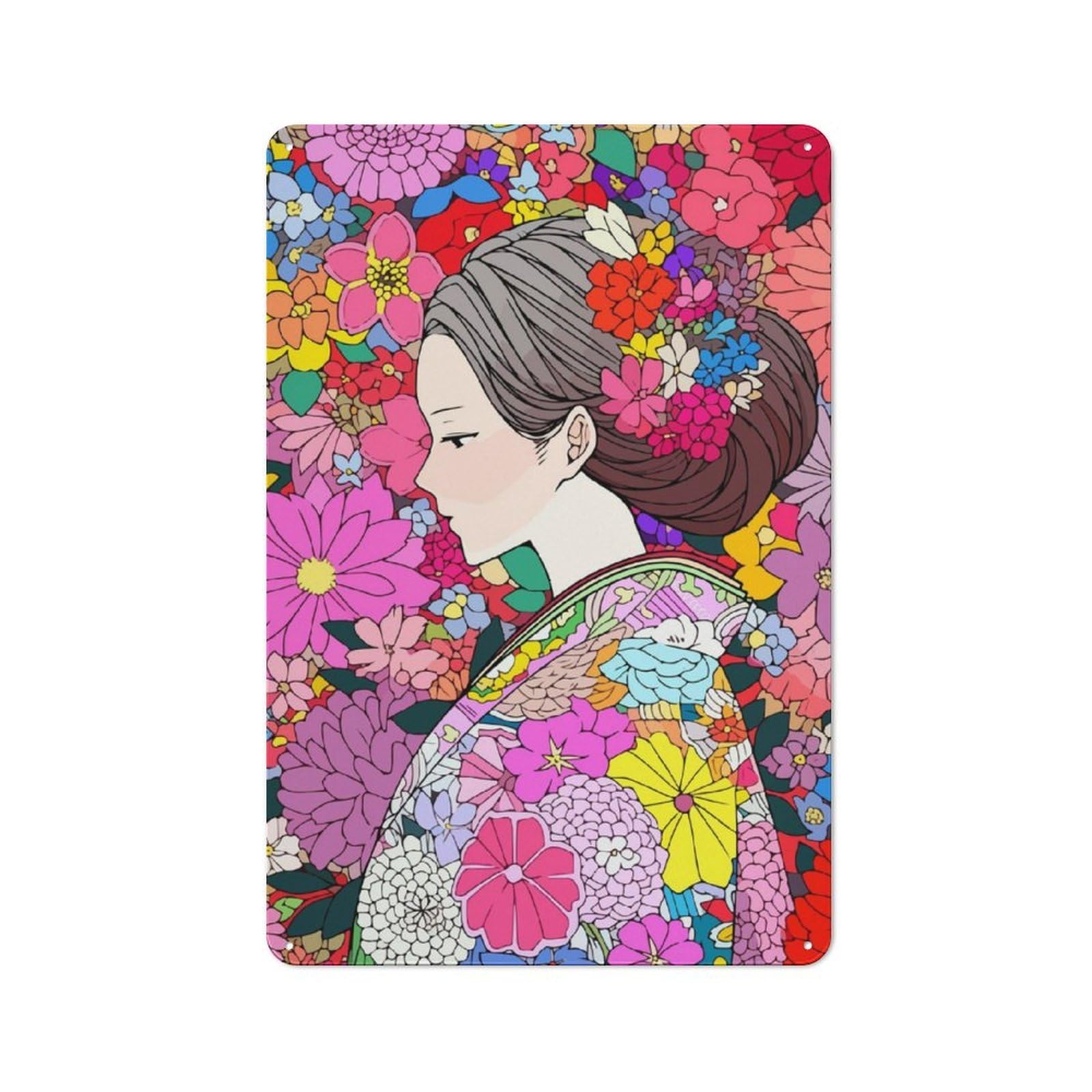 Junmoney Japan Woman Kimono Flowers Vintage-Inspired Tin Sign 30X20cm For Garage Or Workshop, For Garage, Workshop And Man Cave Decoration