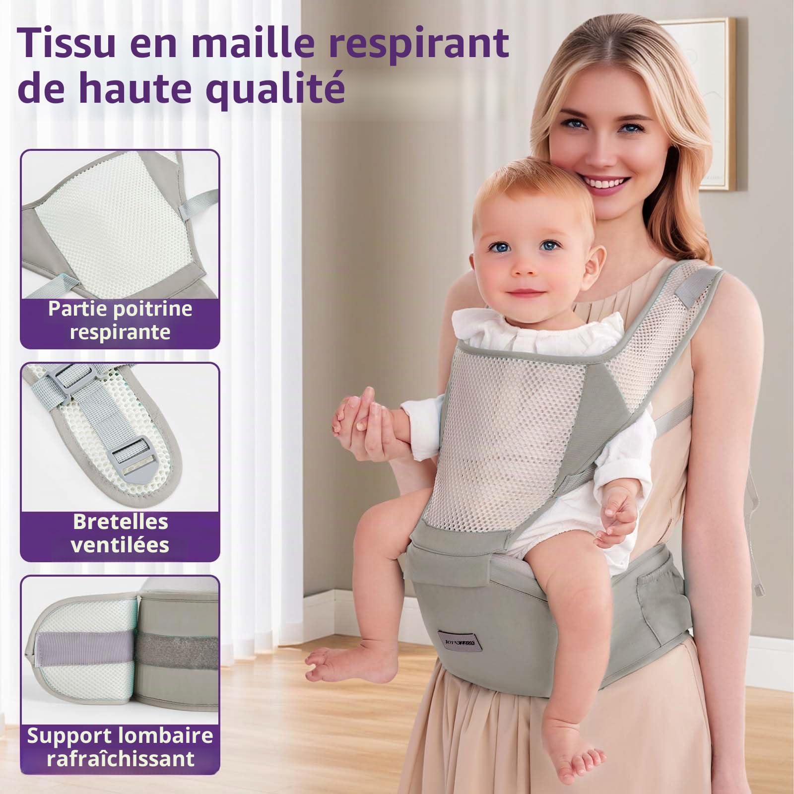 Porte-bébé Ergonomique avec Sangle Réglable - 6 en 1 Nouveau-né à Enfant en Bas âge, Porte-bébé Respirant en Mesh pour l'Été, Compact pour les Voyages & Aventures en Plein Air (gris)
