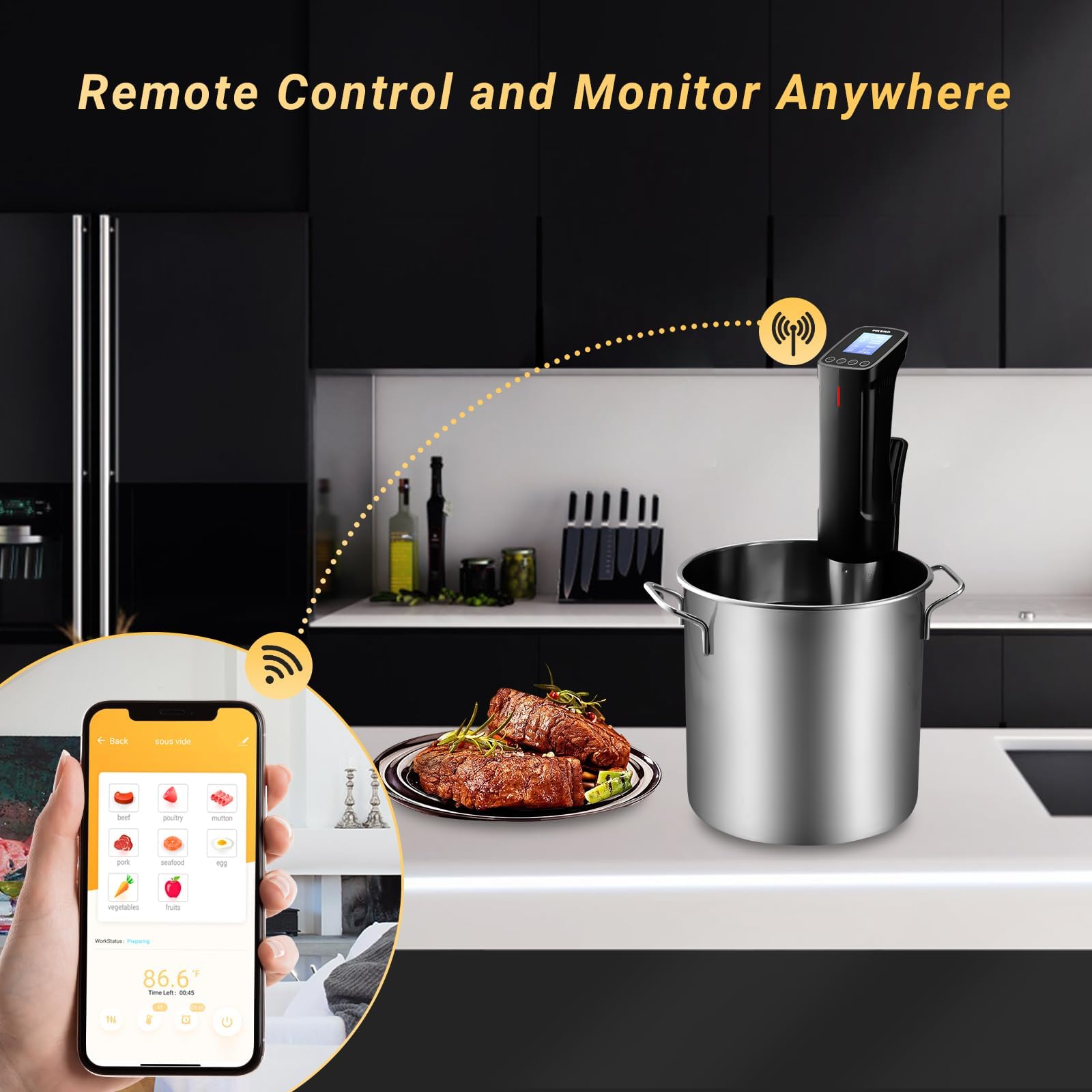 NKBIRD WIFI Sous Vide Cooker ISV-100W, 1000 Watts Fast-Heating W/Free APP | Sous Vide Machine Immersion Circulator w/ 14 Free Preset Recipes , Thermal Immersion w/ Smart Timer, Calibration Function