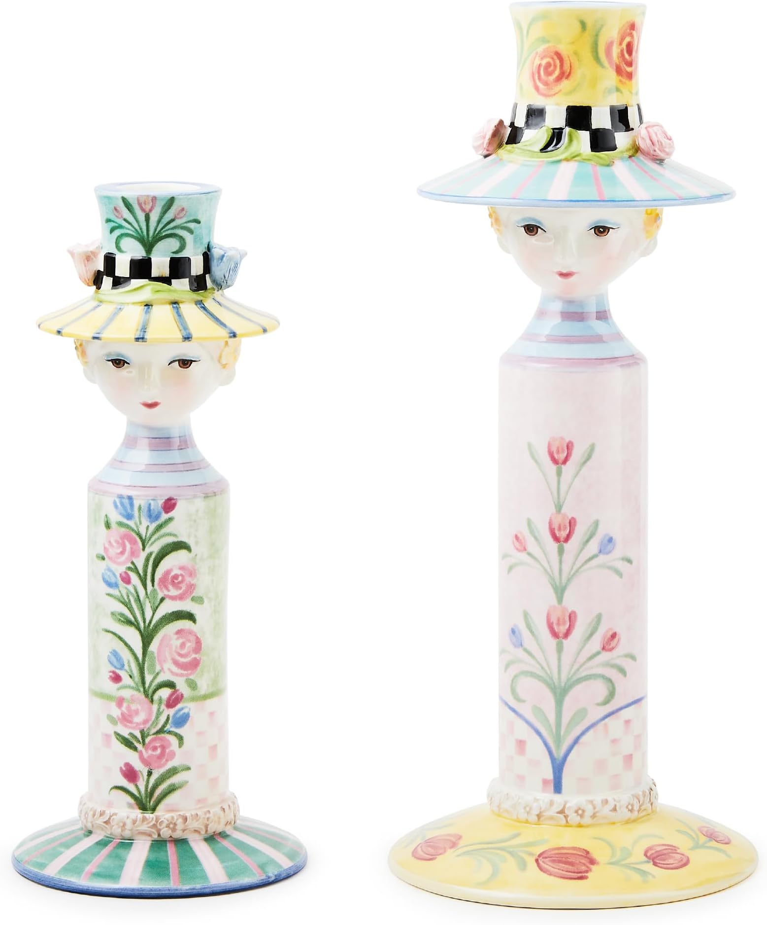 MACKENZIE-CHILDS Set of 2 Rosy Meadow Lady Ceramic Candle Holders, Candle-Holder Decor