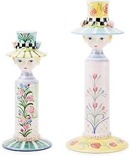 MACKENZIE-CHILDS Set of 2 Rosy Meadow Lady Ceramic Candle Holders, Candl...