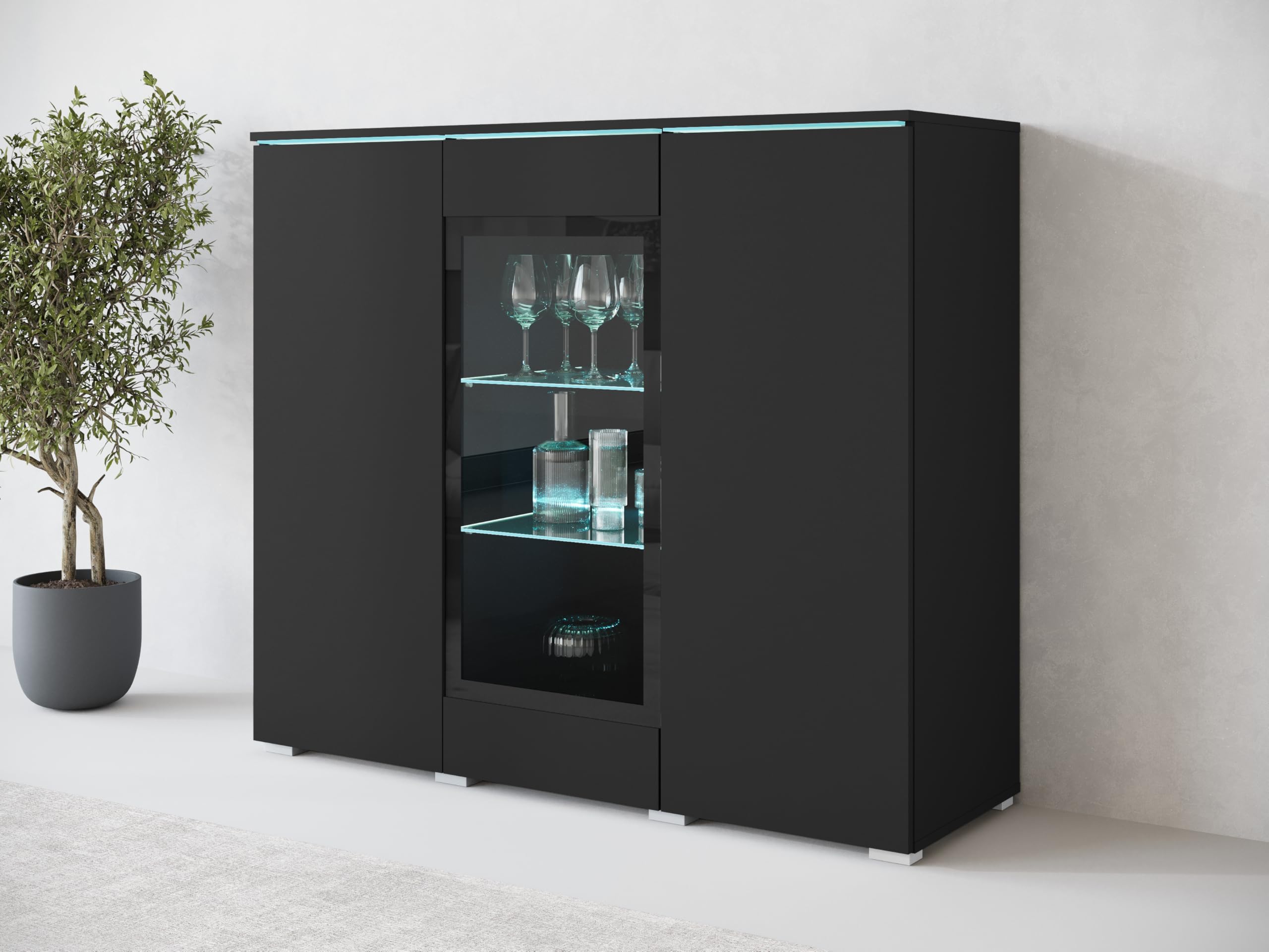 Vera 120 credenza per soggiorno, cassettiera, 3 porte, illuminazione a LED opzionale, armadio di stoccaggio (con LED, nero opaco)