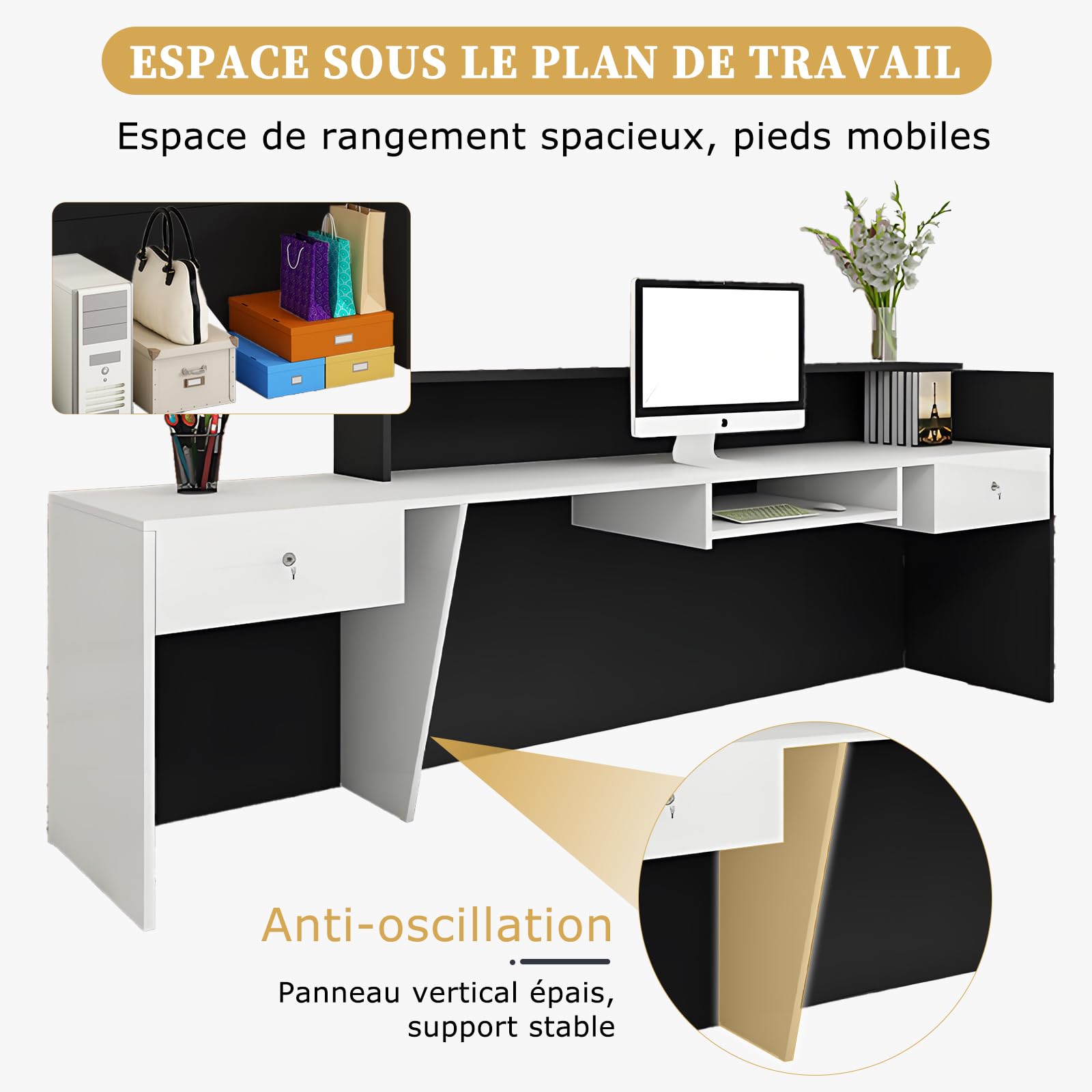 Comptoir de Réception, avec tiroir et étagères Ouvertes, comptoirs d'accueil de 100 à 220 cm, Moderne pour Bureau, adapté aux Salons, Bureaux, Halls d'entrée et magasins de détail