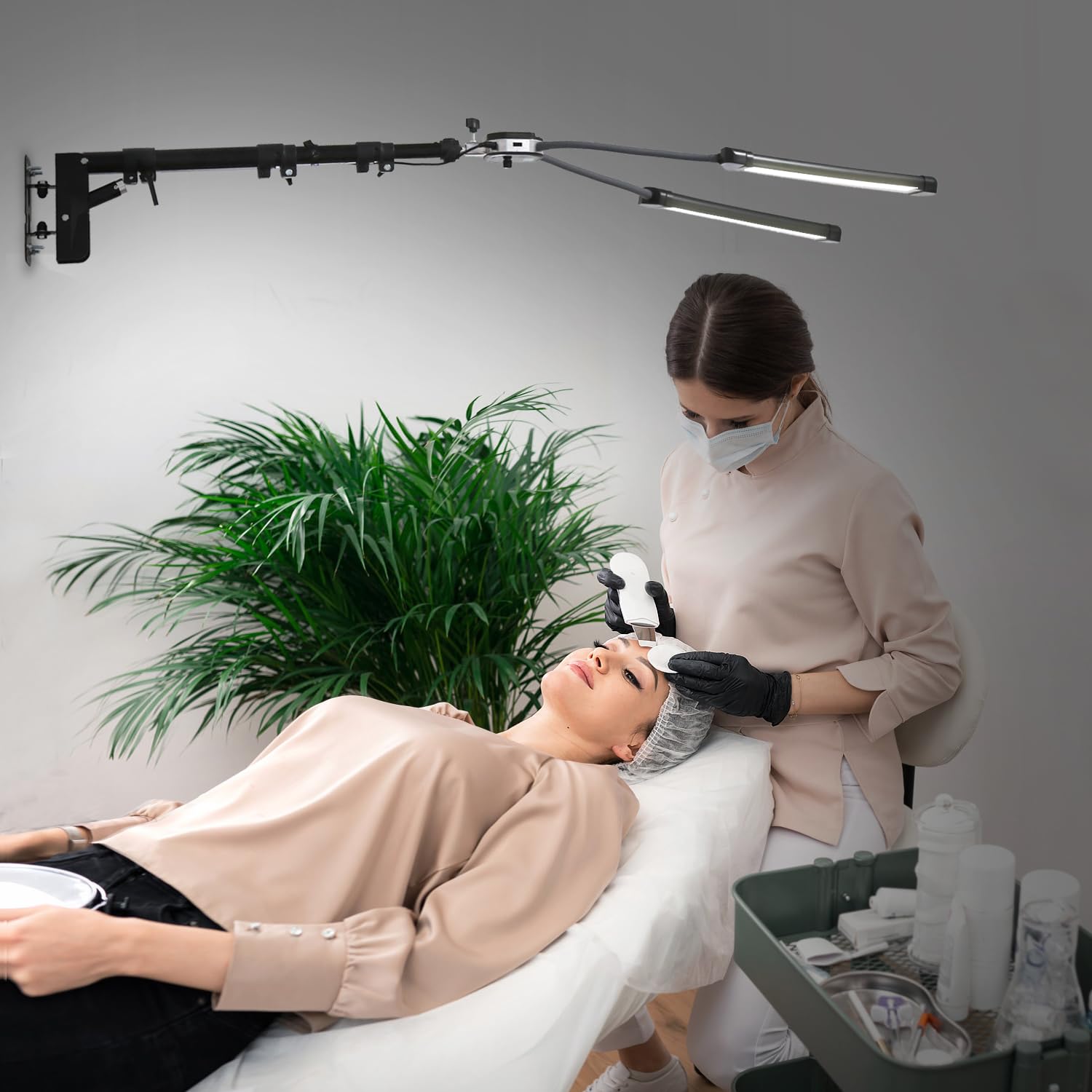 50W Lumière Dimmable LED A Double Bras avec Bras de Perche Support Mural Triangle 110cm Kit d'Eclairage Photographique pour Maquillage, En Direct,Lampe de Tatouage,Vidéo de Studio,Cils,Beauté