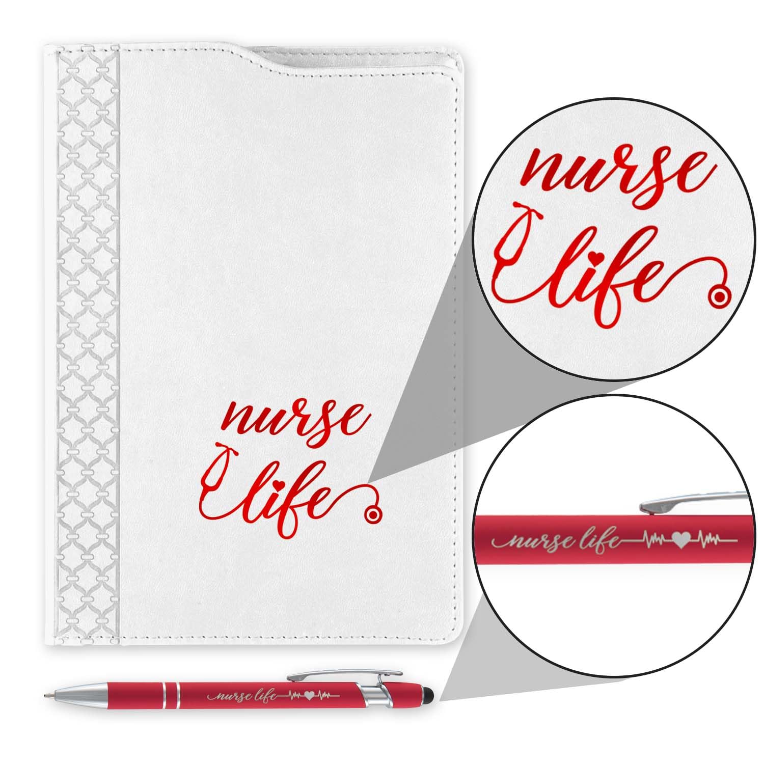 Nurse Appreciation zestaw teczek i długopisów/zeszyt z białej skóry z czerwonym liściem i czerwonym długopisem, nowoczesny zestaw upominkowy dla pielęgniarek