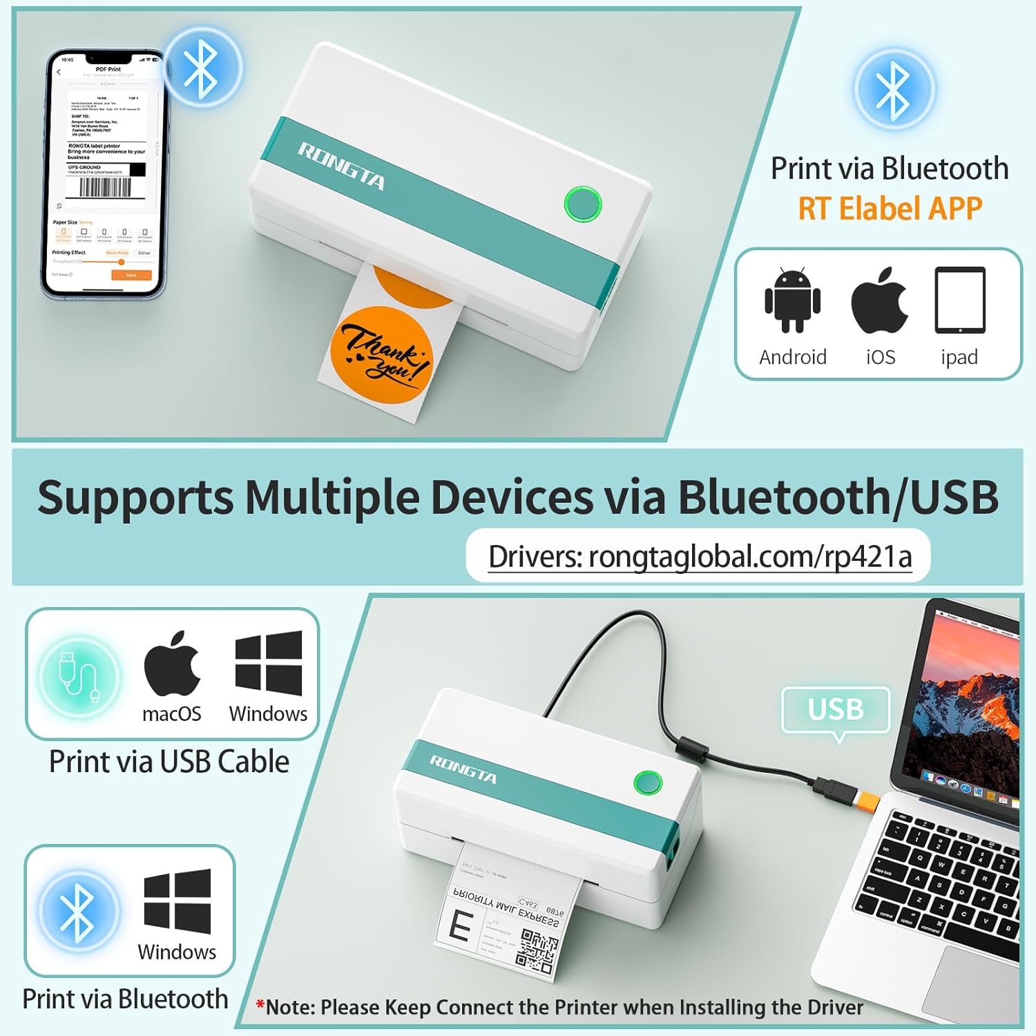 Rongta Thermal Shipping Label Printer, Bluetooth Wireless 4x6 Sticker Label Maker for Package, Compatible with Windows, Mac, Android & iPhone, Used for Business of Amazon, Ebay, Etsy, Shopify UPS - Image 2