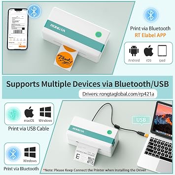 Rongta Thermal Shipping Label Printer, Bluetooth Wireless 4x6 Sticker Label Maker for Package, Compatible with Windows, Mac, Android & iPhone, Used for Small Business
