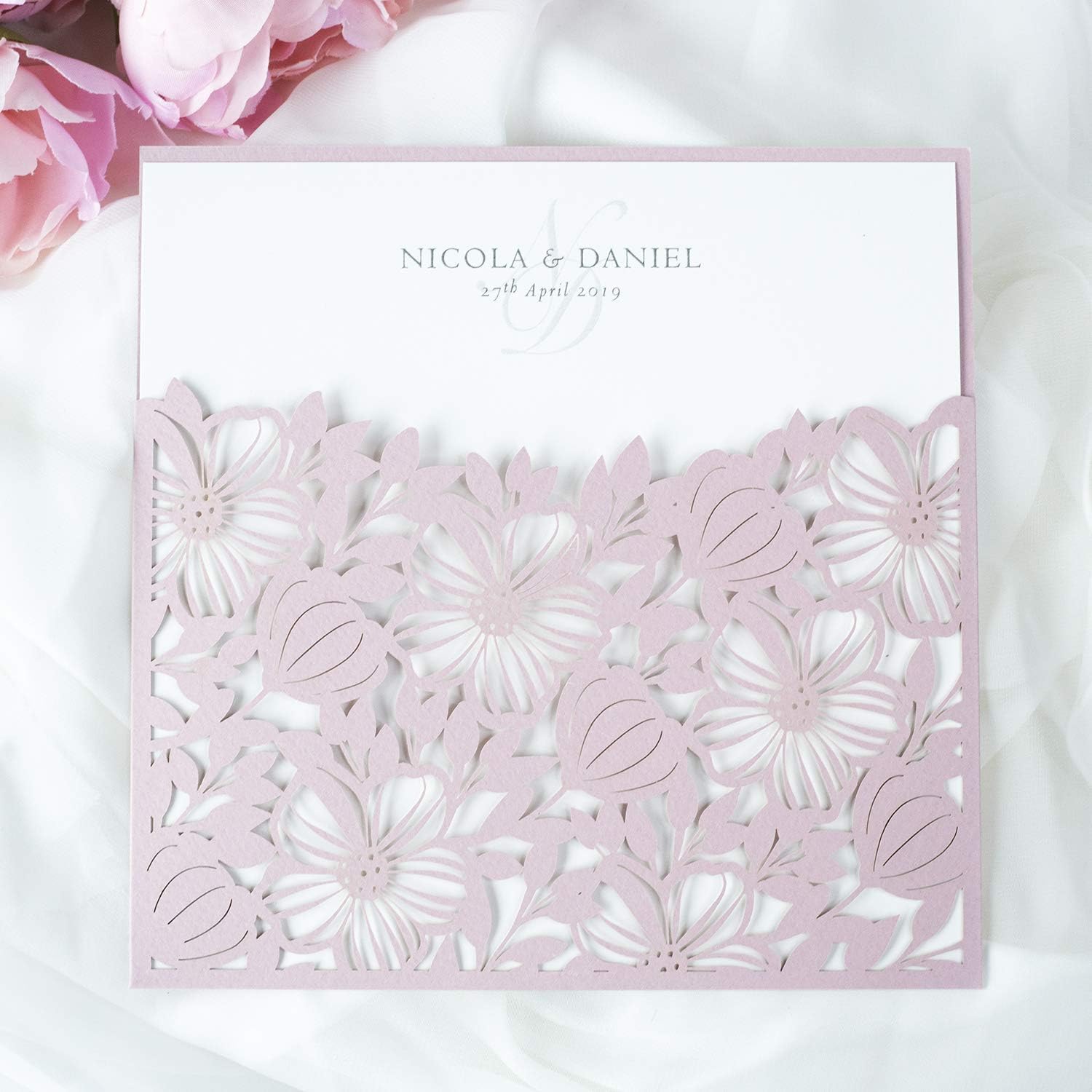 Elegant Floral Square Lace Misty Rose Wedding Invitations with Envelopes DIY Invitation Cards Kit Laser Cut Set - Pre-printed Sample!