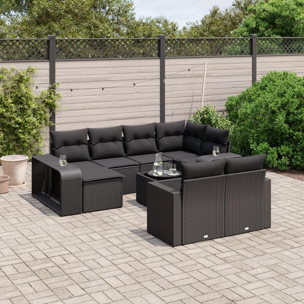 11-TLG. Garten-Sofagarnitur Schwarz Poly Rattan Ecksofa Mittelsofa Tisch Hocker Regal mit Glasplatte und abnehmbaren Kissen modular wetterfest für Balkon Terrasse und kleine Gärten