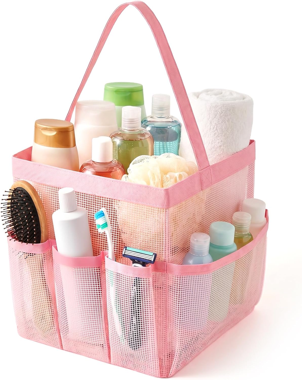 Mesh Shower Caddy, 9 Pocket Large Capacity Beach Tote Bag with Handle,Portable Shower Caddy Bag for College Dorm Room Essentials, Pink Hanging Bathroom Bag for Toiletry, Swimming, Gym, Camp, Beach