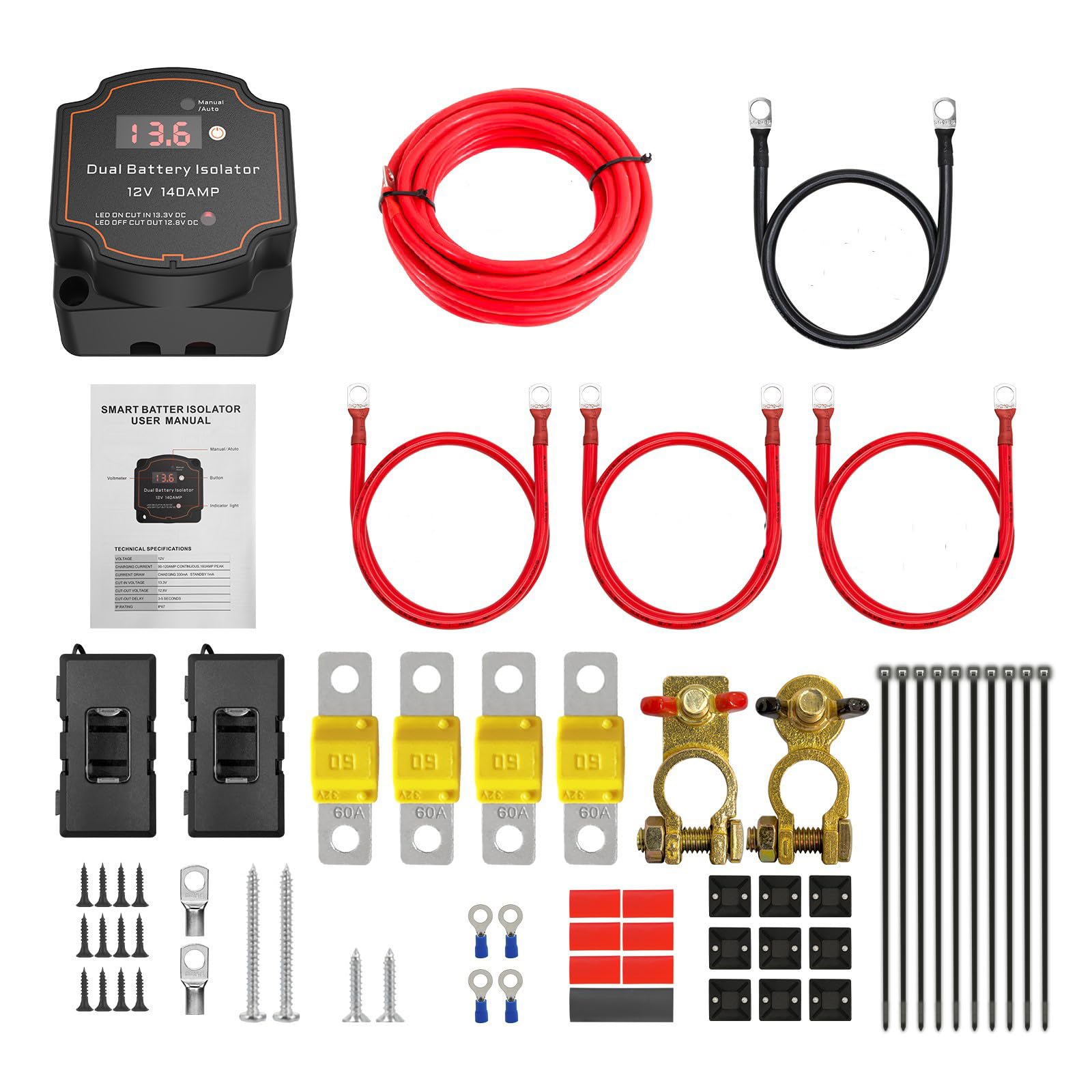 NEWFUN Kit Relè di Carica Divisa, Parallelatore Batteria 12v Camper, Kit Isolatore Doppia Batteria 12V 140A per Camper, Furgoni, Camion, SUV, RV, ATV, UTV, Barche (5M)