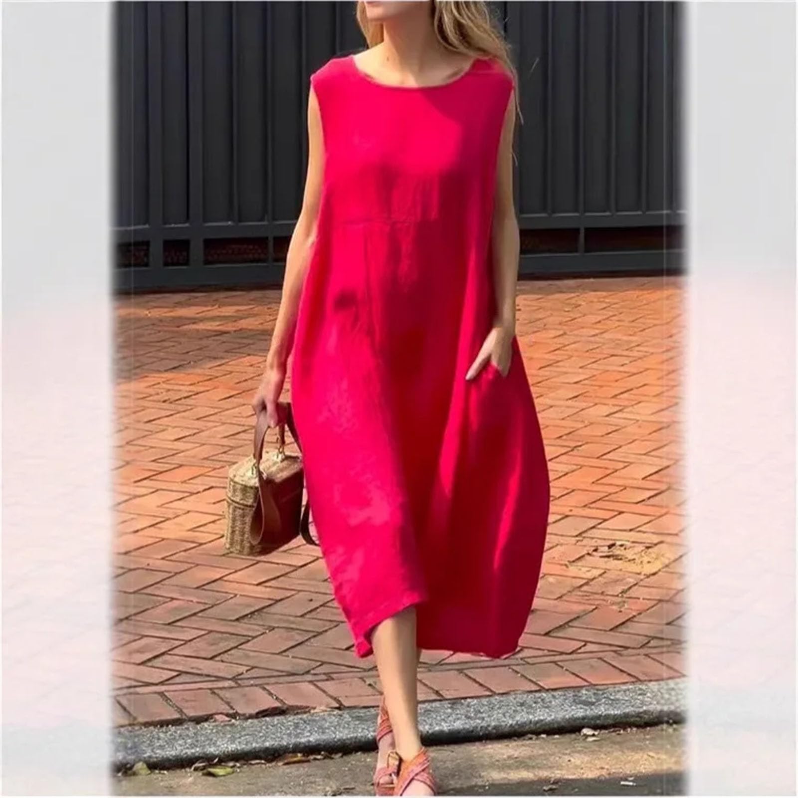 Abito da donna chic minimalista lungo moda tinta unita girocollo senza maniche Boho tasca abito allentato