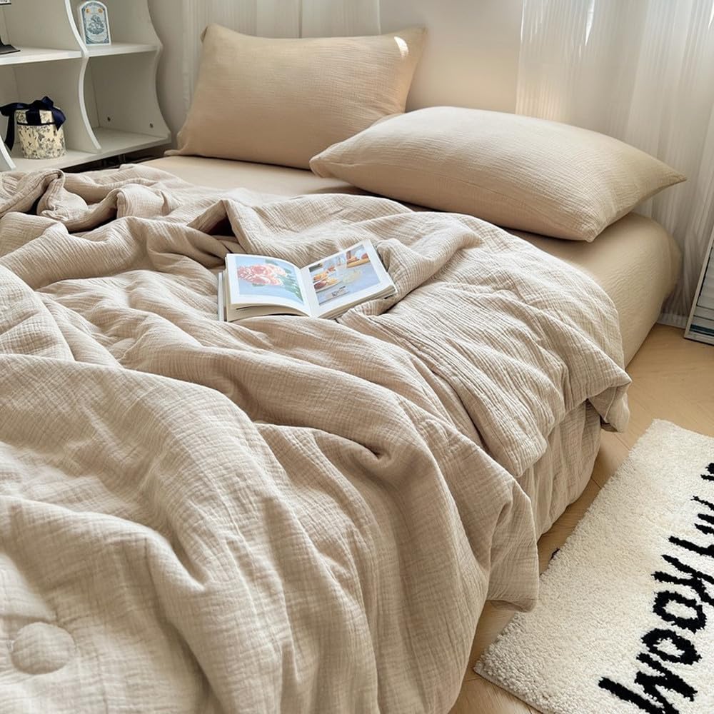 Edredón/Confort de Verano Twin Queen, sábana Plana, 2 Fundas de Almohada, Lino Ultra Suave, Ligeramente Arrugado, Tacto Transpirable, Color 4, 110 x 150 cm, 2 Unidades