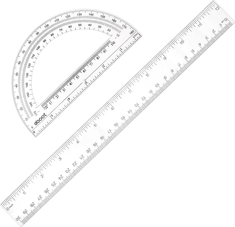 2 Pcs 12 Inch Clear Ruler and 6 Inch Plastic Protractor Set, Clear | Dual Scale Inch/Cm, Math Geometry Measuring Tools, Back to School Classroom Office Supplies, Students Teachers Drafting Use