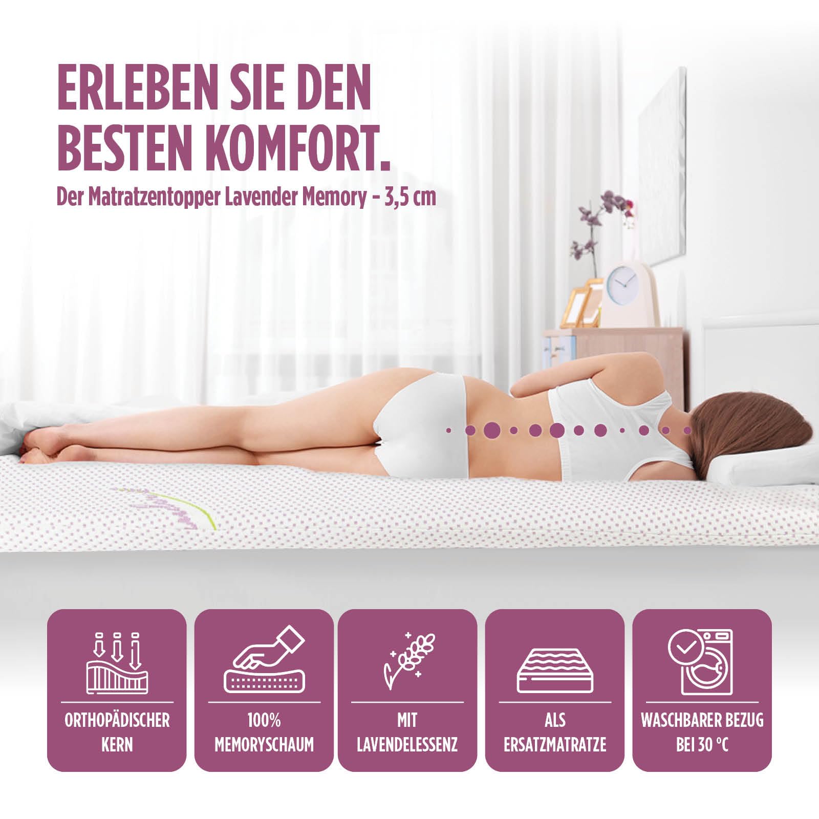 Vitapur Topper 160 x 200 cm, terapia zapachowa lawendowa – komfortowa nakładka na materac ViscoCell z pianki memory, redukcja stresu, nakładka na materac