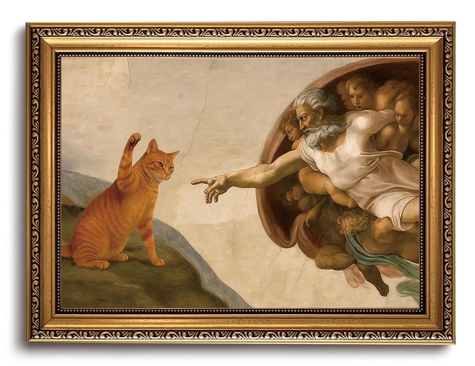 AYHSSMO Gold Framed Wall Art Funny Cat Wall Decor Vintage Canvas Art Creation Of Adam Cat Pictures Humorous Paintings For Bedroom Living Room 12x16in