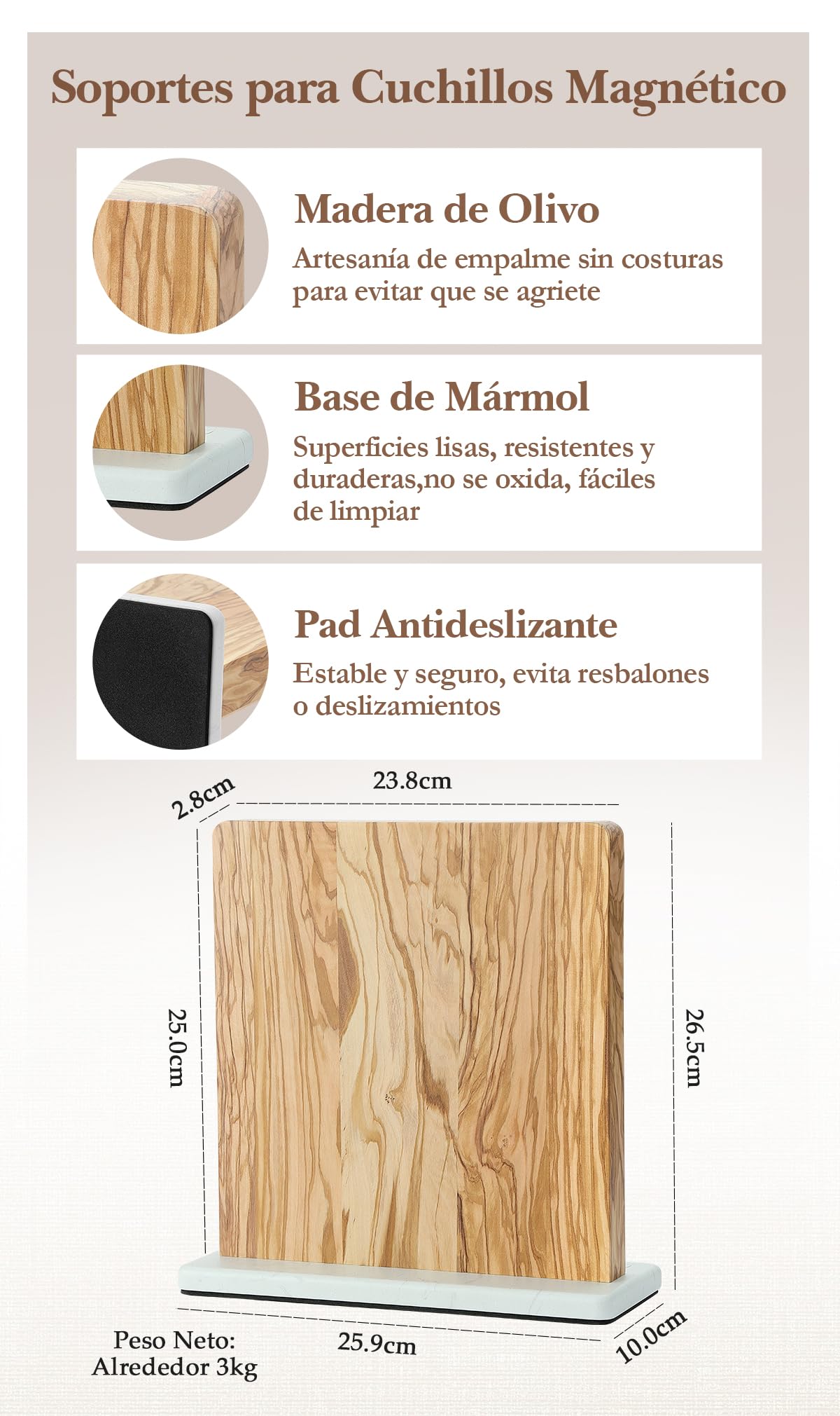 HEZHEN Soporte para Cuchillos Magnético Doble Cara, Bloque de Cuchillos de Madera de Olivo, Portacuchillos Organizador con Base Antideslizante de Mármol