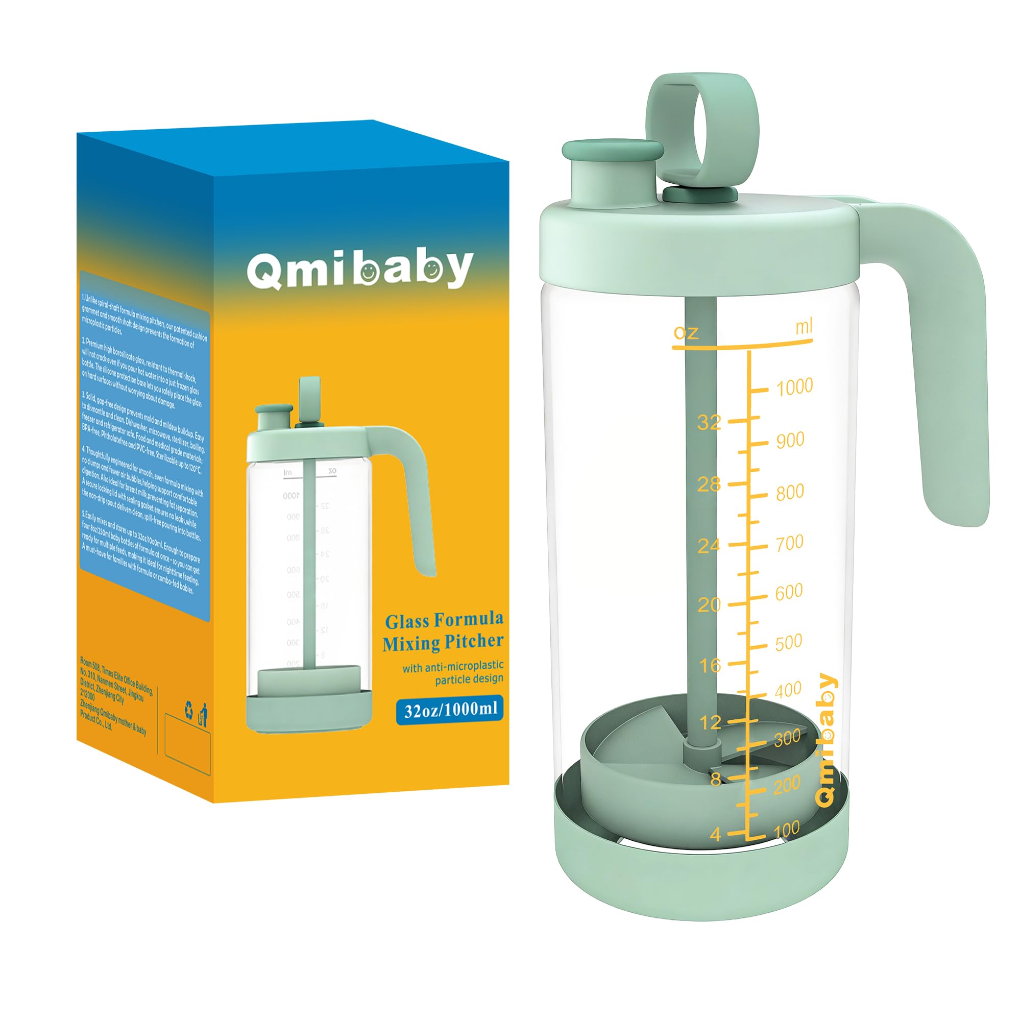 Qmibaby Borosilicate Glass Formula Mixing Pitcher – 32oz Mixing Capacity, Dishwasher-Safe, BPA-Free Lid, Perfect for Breastmilk Pitcher Method & Multi-Baby Feeding Green