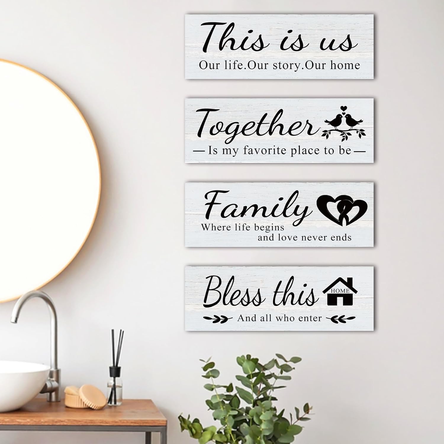 4 Pcs Wooden Wall Decor rustic farmhouse decor with “This is Us, Together, Bless This Home, Family”， pictures for living room Wall Art for Living Room, Entryway, Home Hang with Hooks